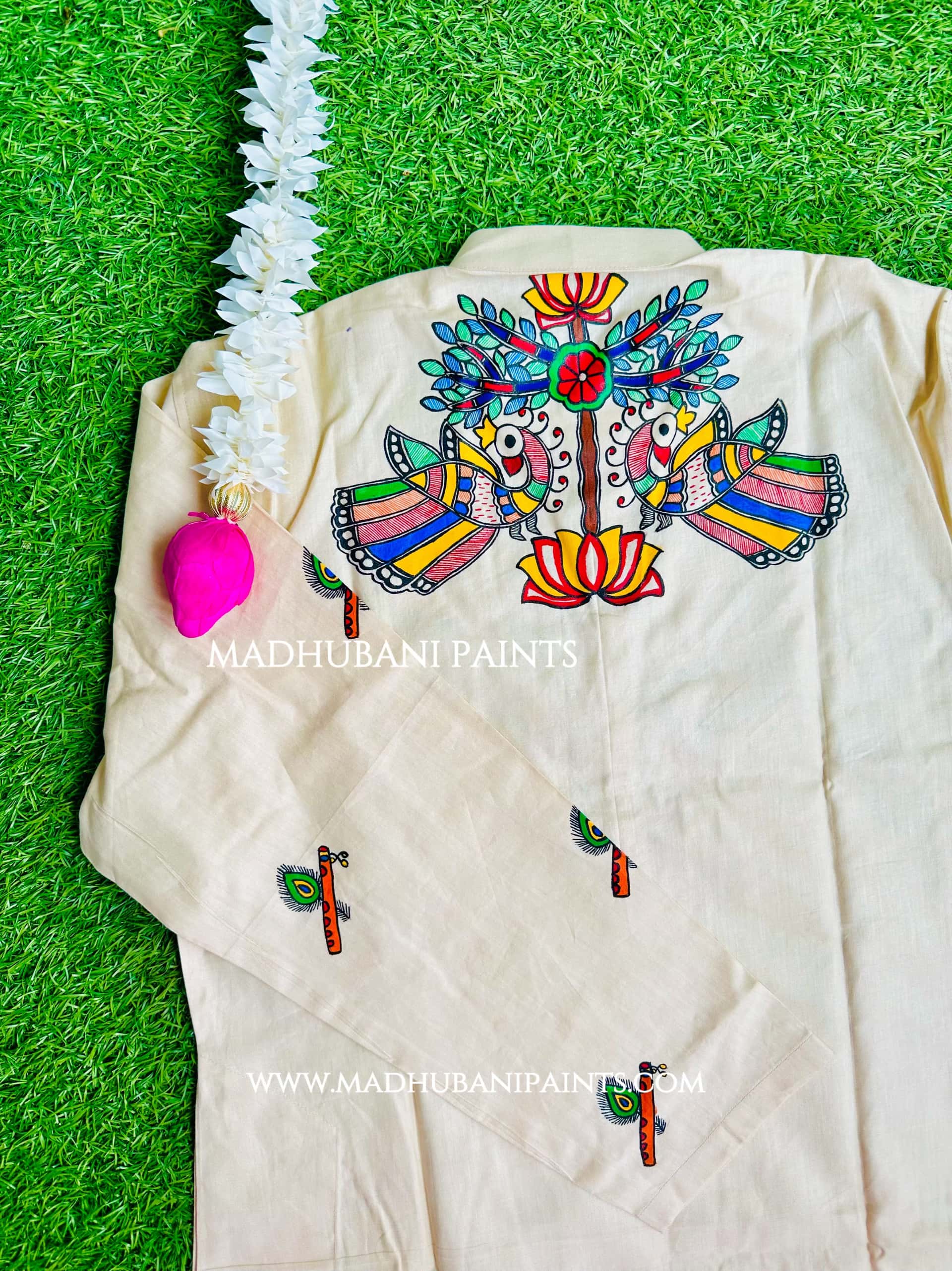 RADHA RAMAN Hand-painted Beige Handloom Men's Cotton Kurta — image 4 of 6