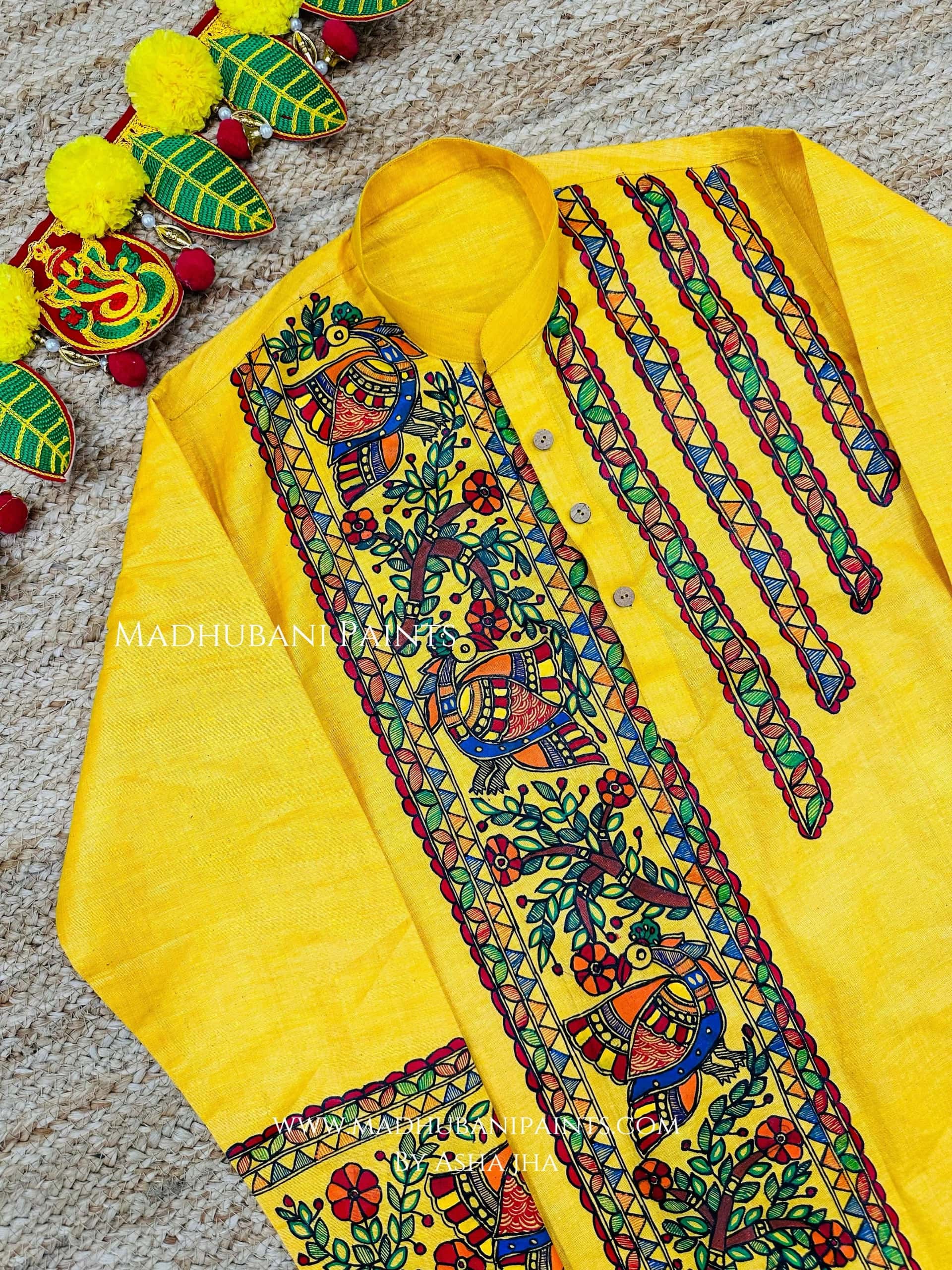 Yellow Mayuri Hand-painted Handloom Men's Cotton Kurta — image 3 of 5