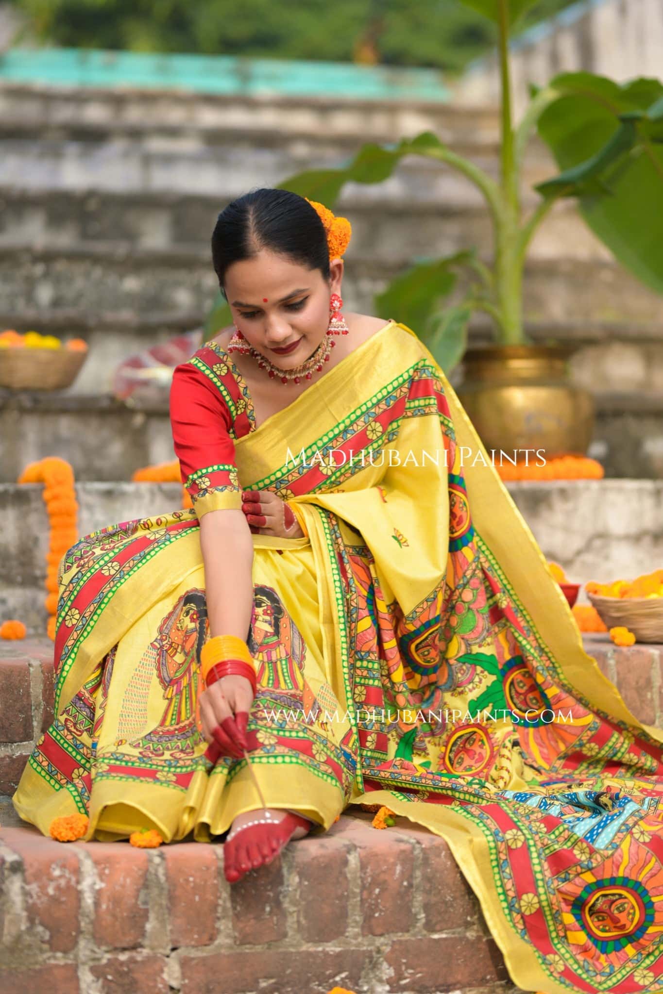 Surya Shalini Chhath Puja Handpainted Madhubani Cotton Saree — image 10 of 13