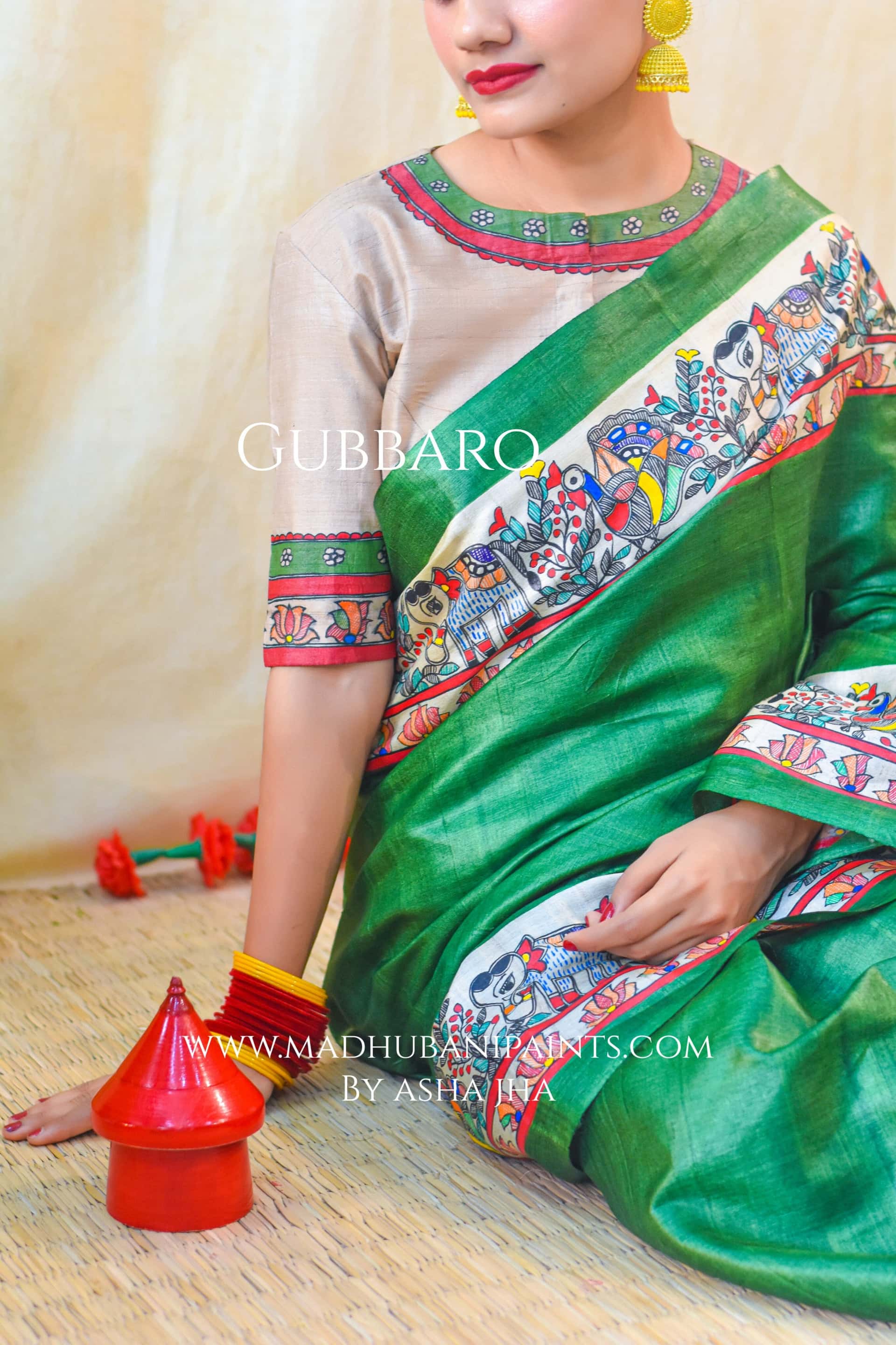 'HARIYALI'  Handpainted Madhubani Tussar Silk Saree — image 3 of 9
