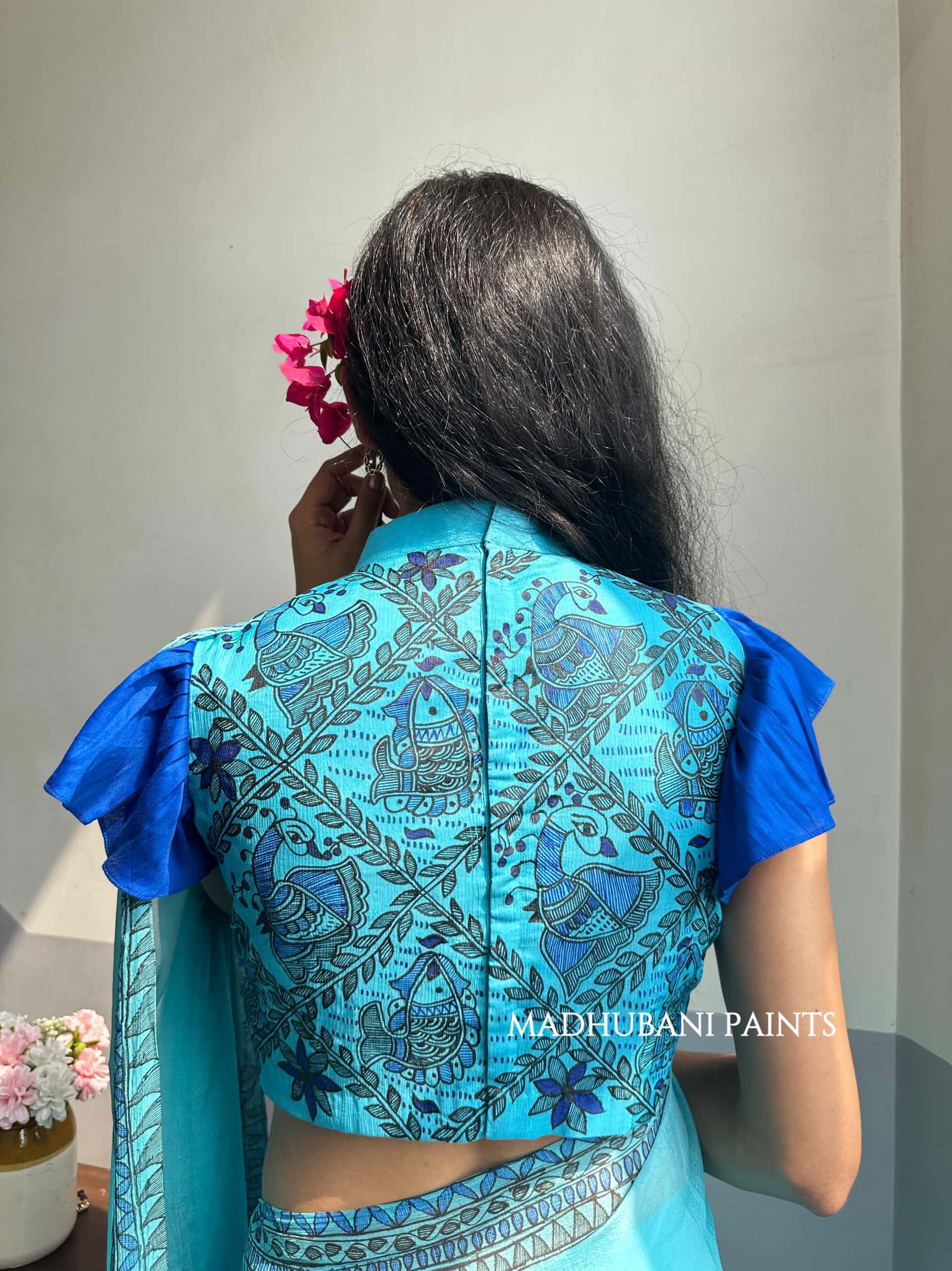 NEELAMBARI Hand-painted Madhubani Chiffon Saree Blouse Set — image 3 of 11