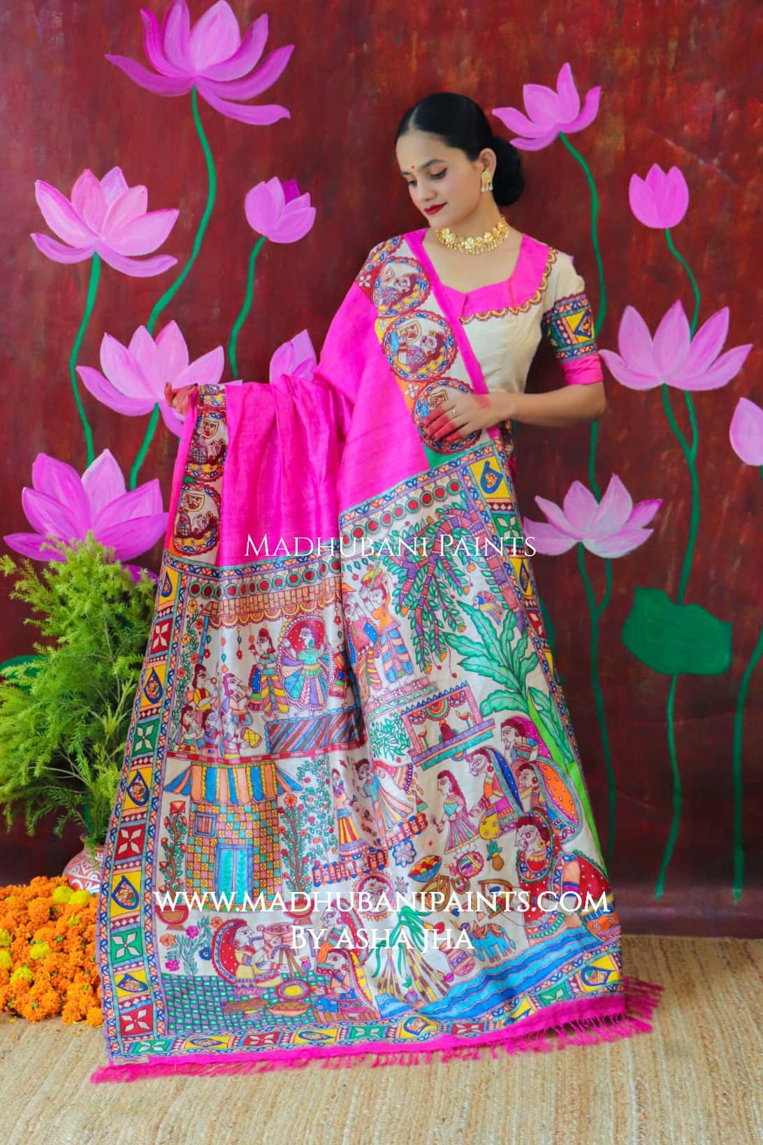 CHHATH MAHAPARV Handpainted Madhubani Tussar Silk Saree Blouse Set — image 3 of 11