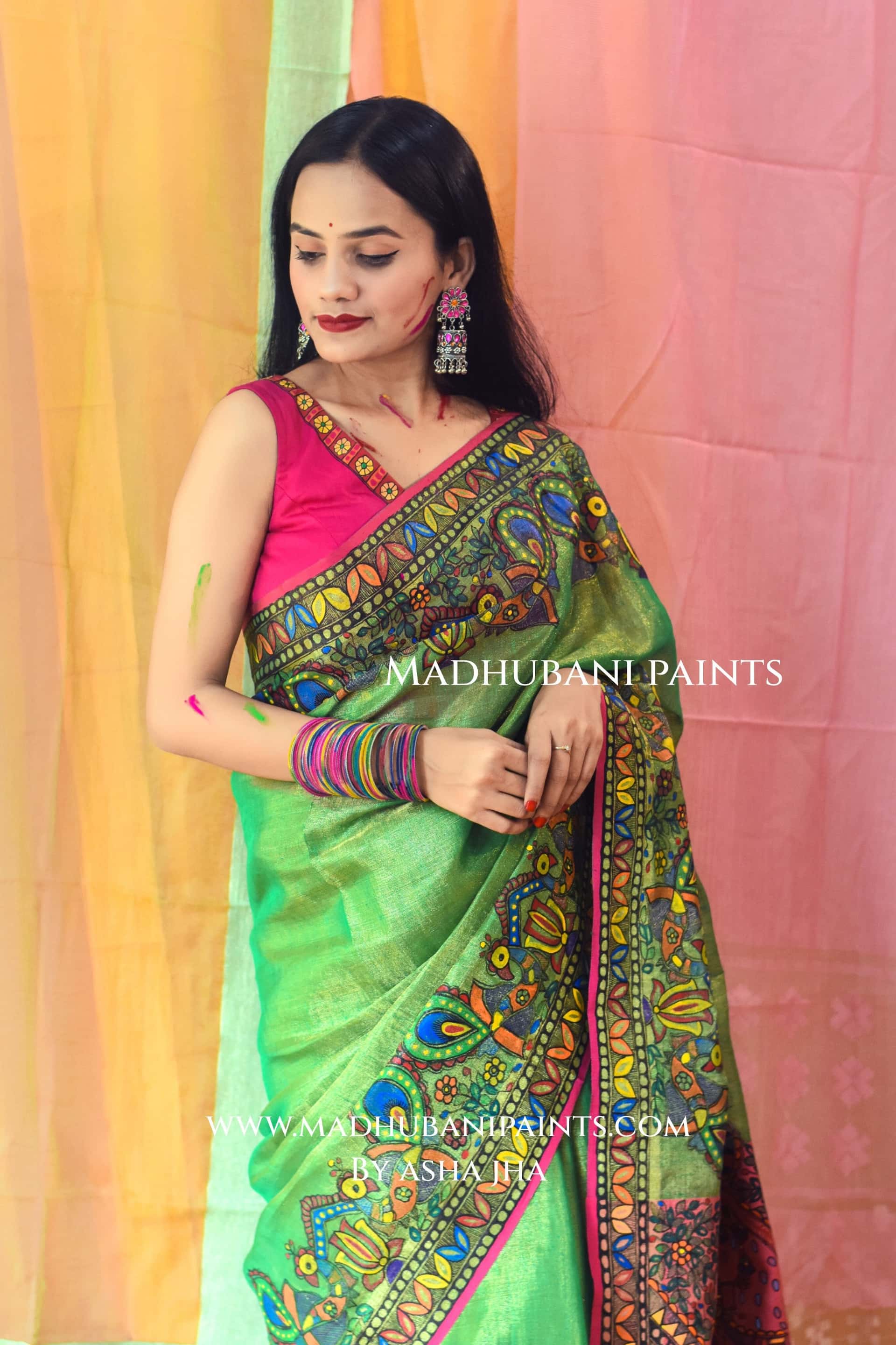 GULAL Hand-painted Madhubani Tissue Linen Saree — image 5 of 9