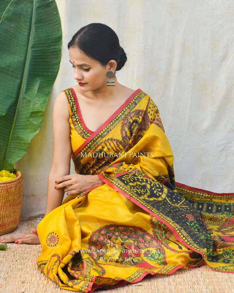 'GOVARDHAN' Handpainted Madhubani Tussar Silk Saree — image 3 of 9
