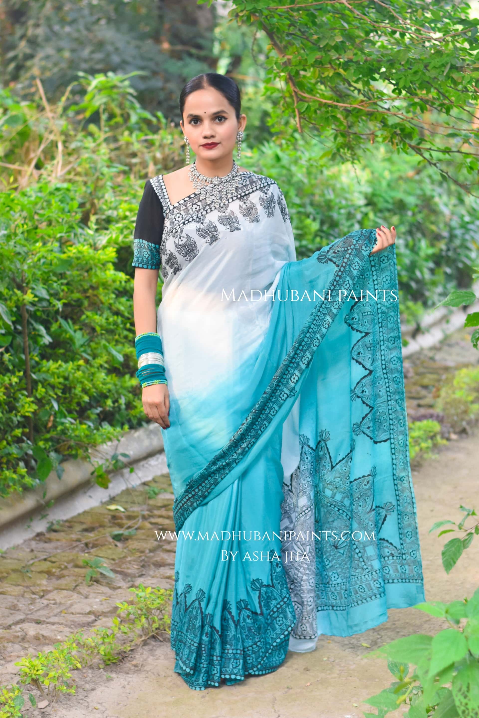 Neel Ujala Hand-painted Madhubani Chiffon Saree — image 6 of 7
