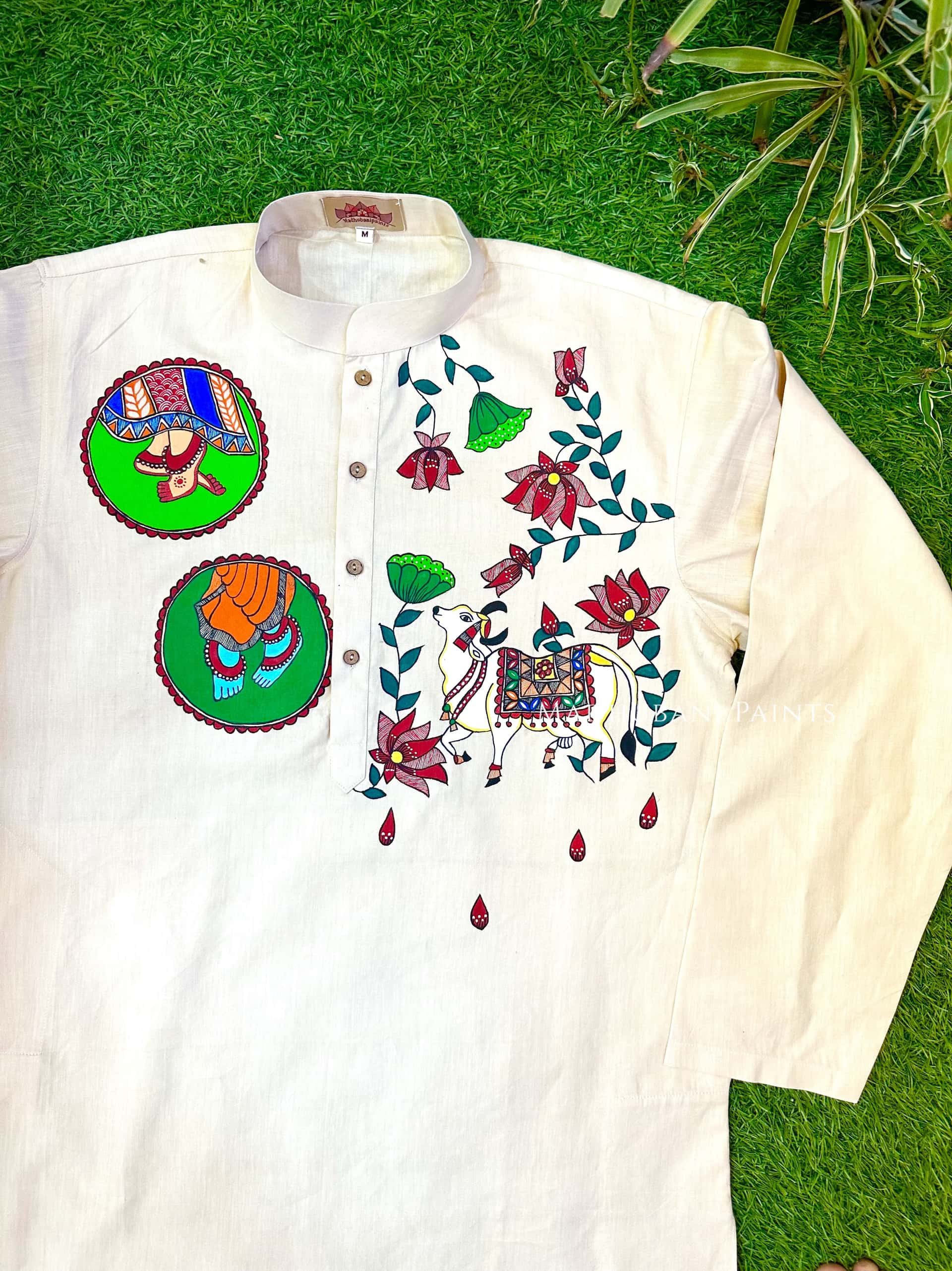 Radha Raman Nandi Hand-painted Handloom Men's Beige Cotton Kurta — image 2 of 4