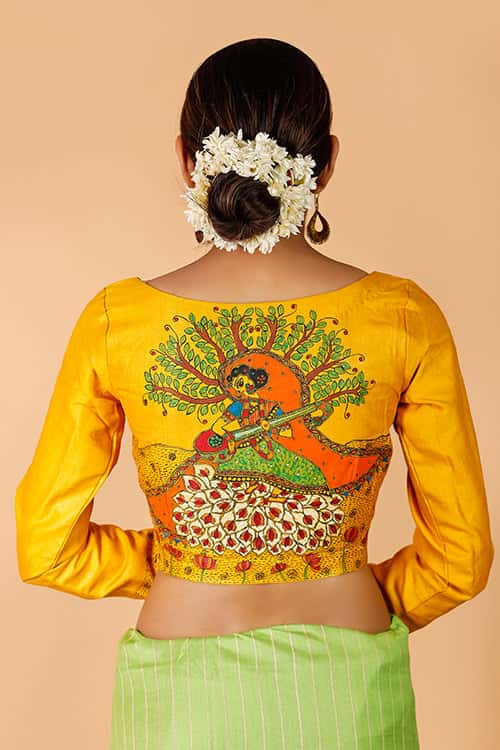 'Saraswati' Handpainted Madhubani  Moonga Silk Blouse — image 3 of 9
