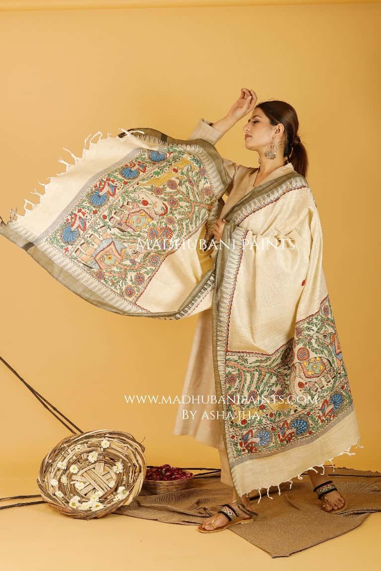Ele Vrindavan Madhubani Handpainted Pure Handwoven Cotton Dupatta — image 3 of 4