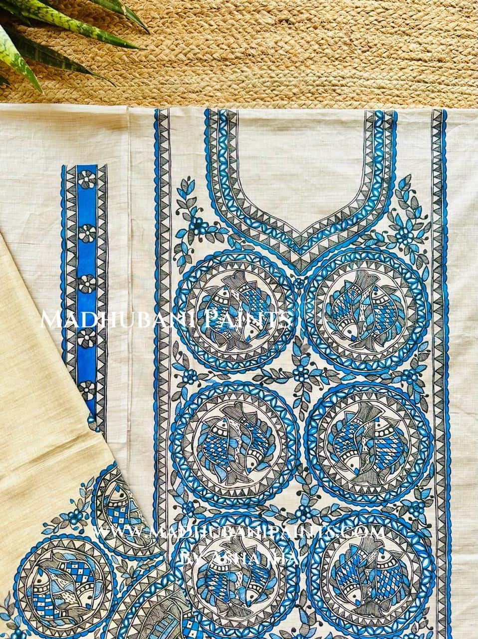 Matsya Hand-painted Madhubani Painting Cotton Unstitched Kurta Pant Dupatta Set — image 3 of 4