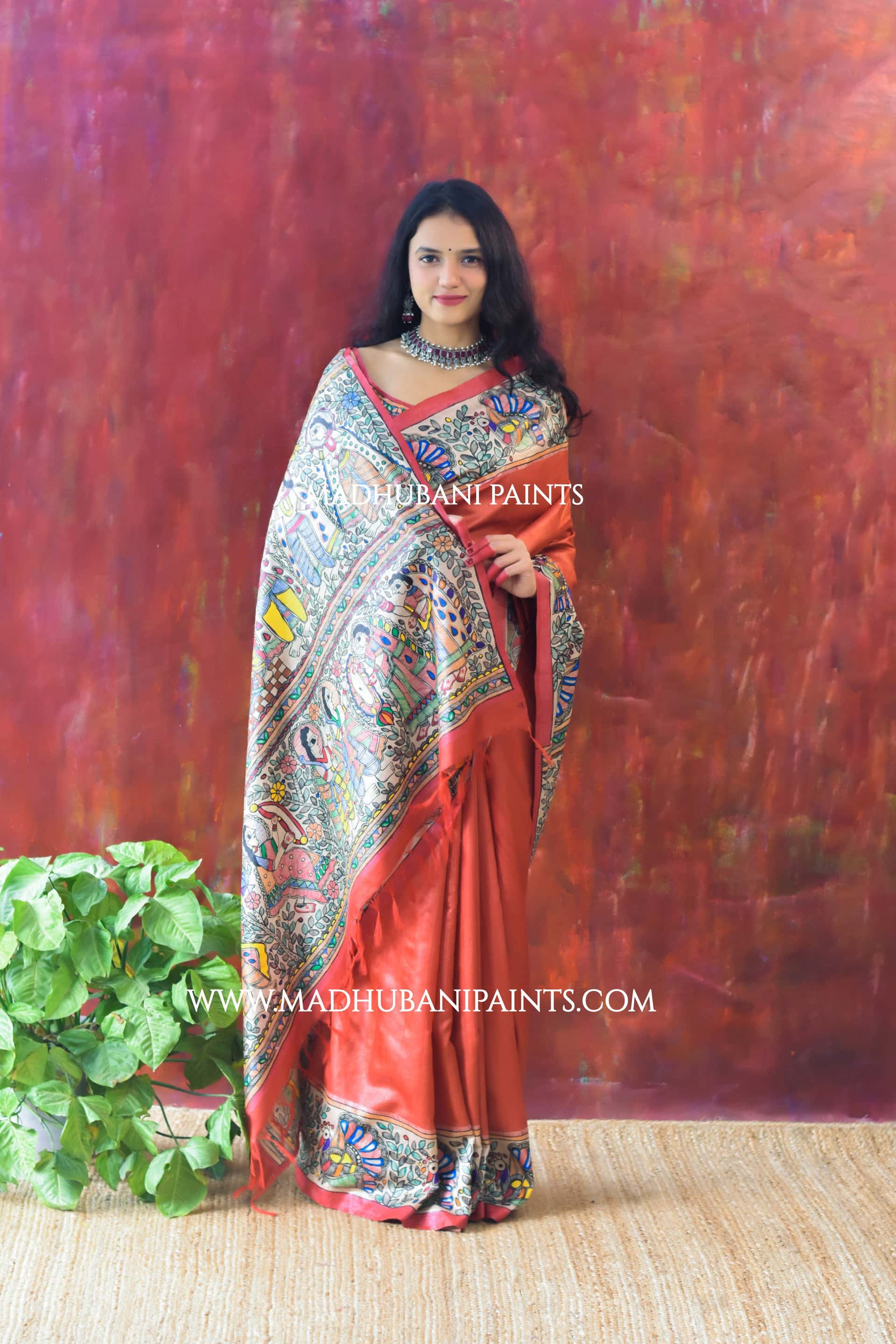 "Laal Ramayan" Hand-painted Madhubani Tussar Silk Saree — image 4 of 6