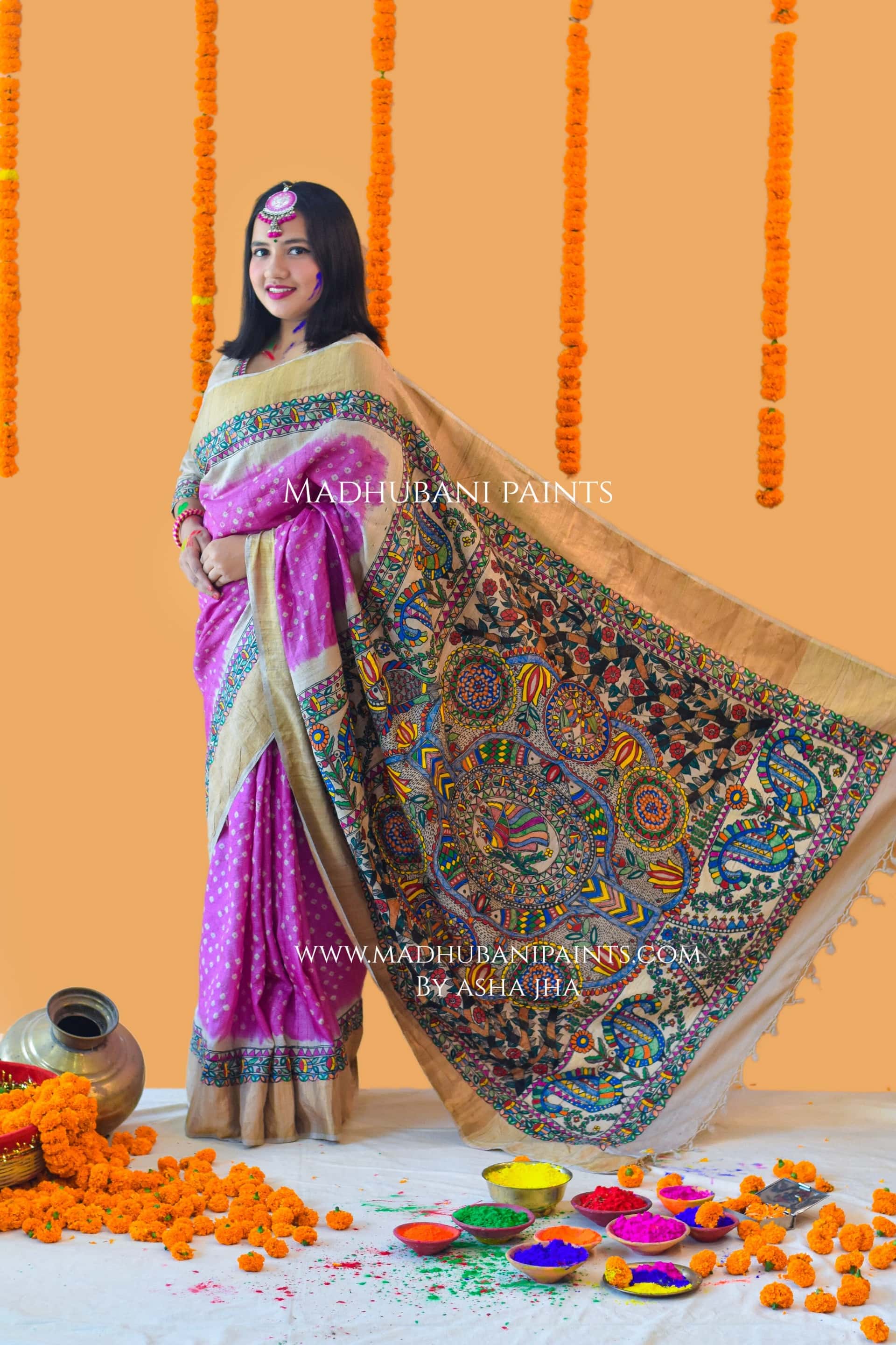 PRAKRITIK MILAN Hand-painted Madhubani Tussar Silk Saree Blouse Set — image 4 of 9