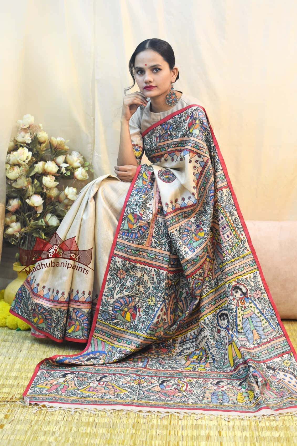 Madhubani Ramayna Kaatha Handpainted Saree Blouse Set — image 3 of 5