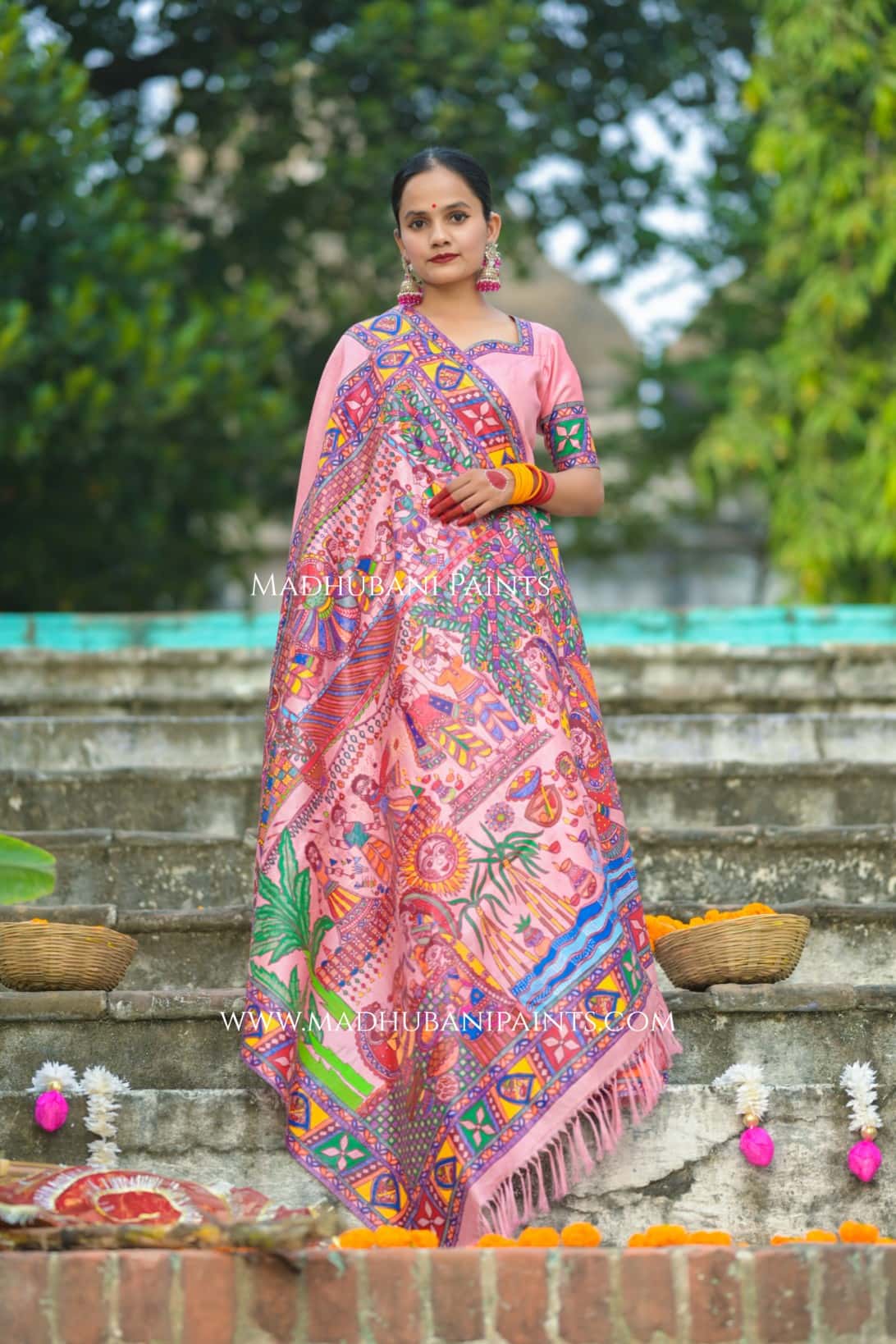 VRATI VANDANA Chhath Puja Handpainted Madhubani Tussar Silk Saree — image 3 of 10