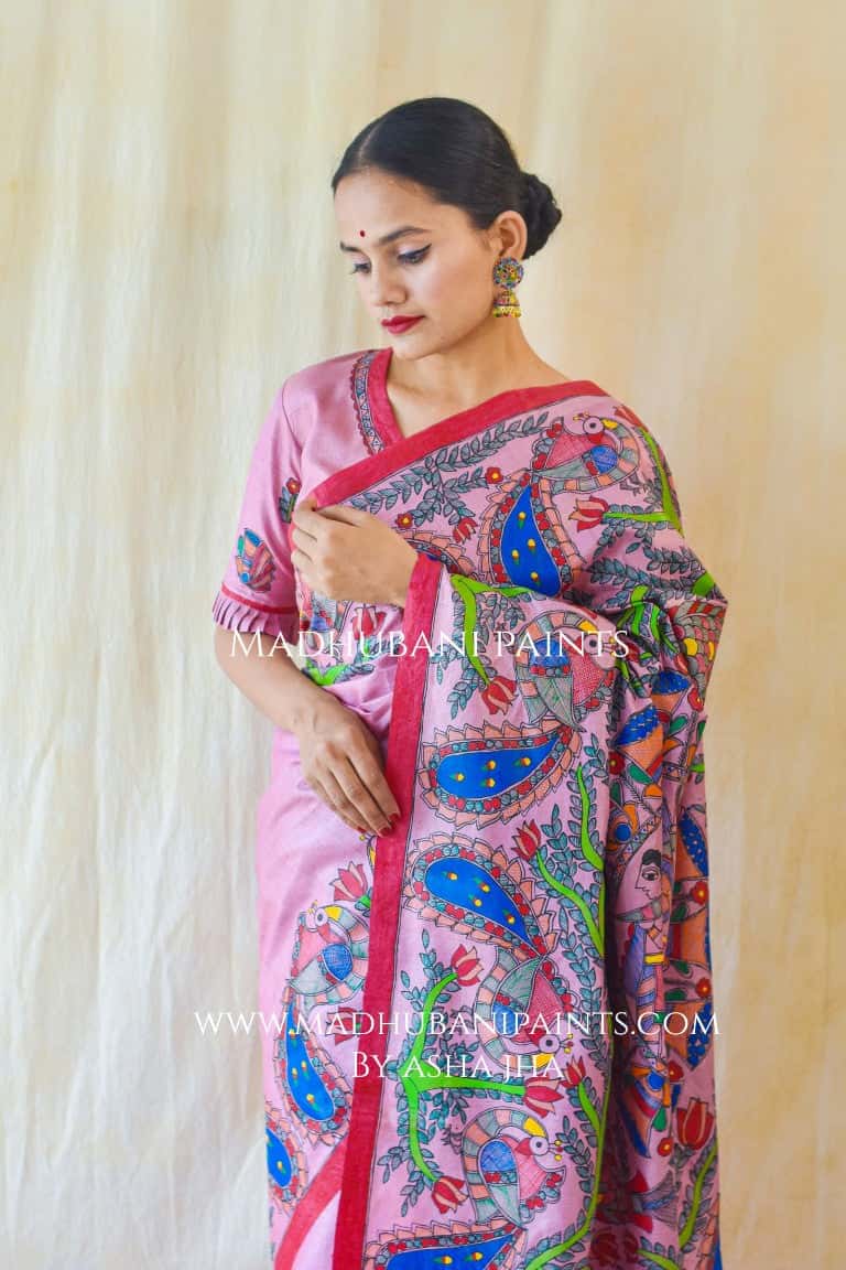 GULABI MAYURI DOLI Madhubani Painting Saree Blouse set — image 8 of 9