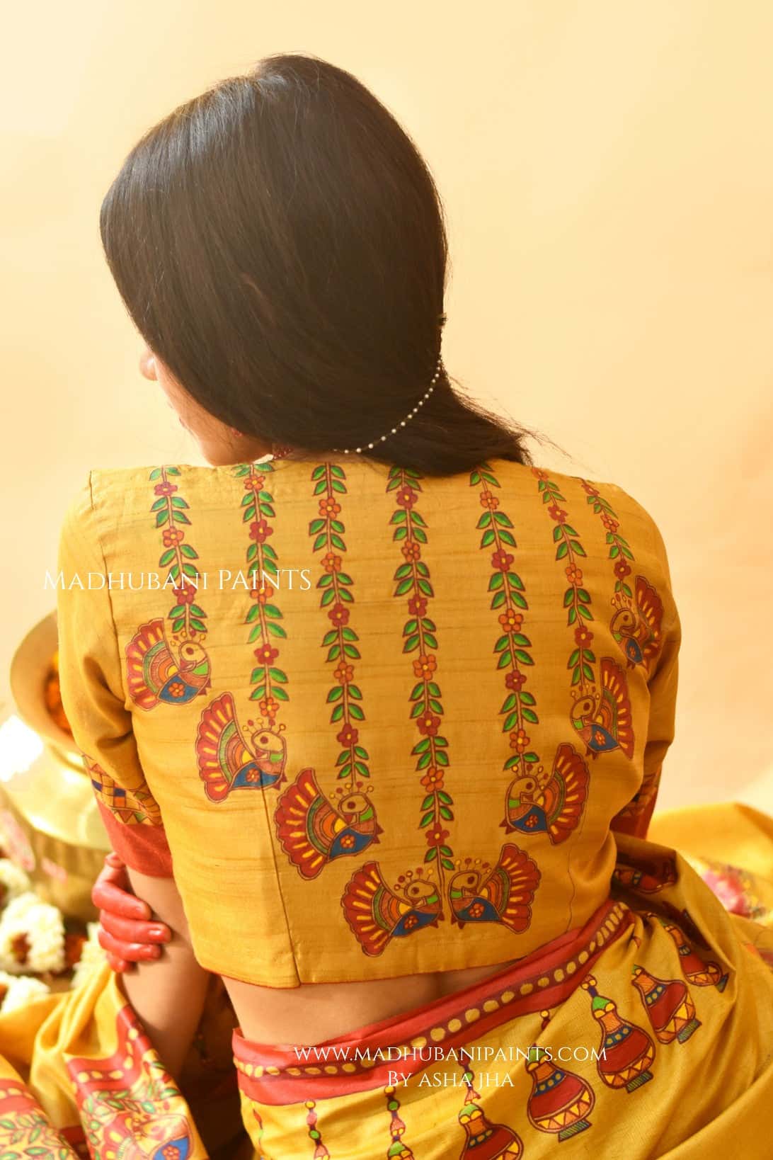 Madhur Milan Hand-painted Madhubani Tussar Silk Saree Blouse Set — image 3 of 8