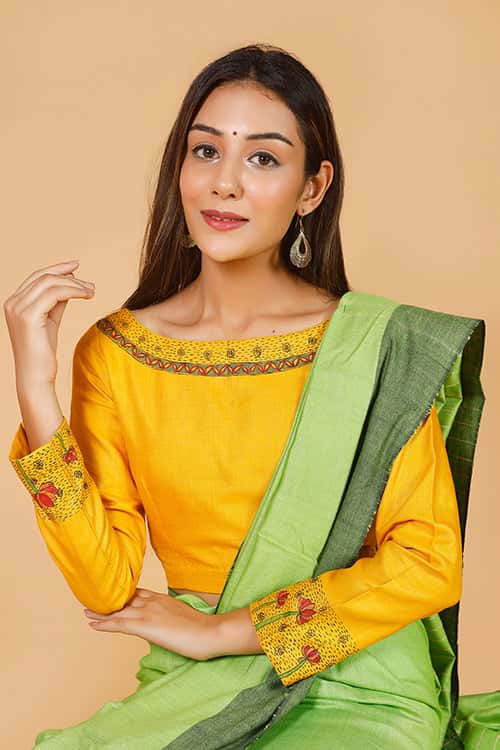 'Saraswati' Handpainted Madhubani  Moonga Silk Blouse — image 2 of 9