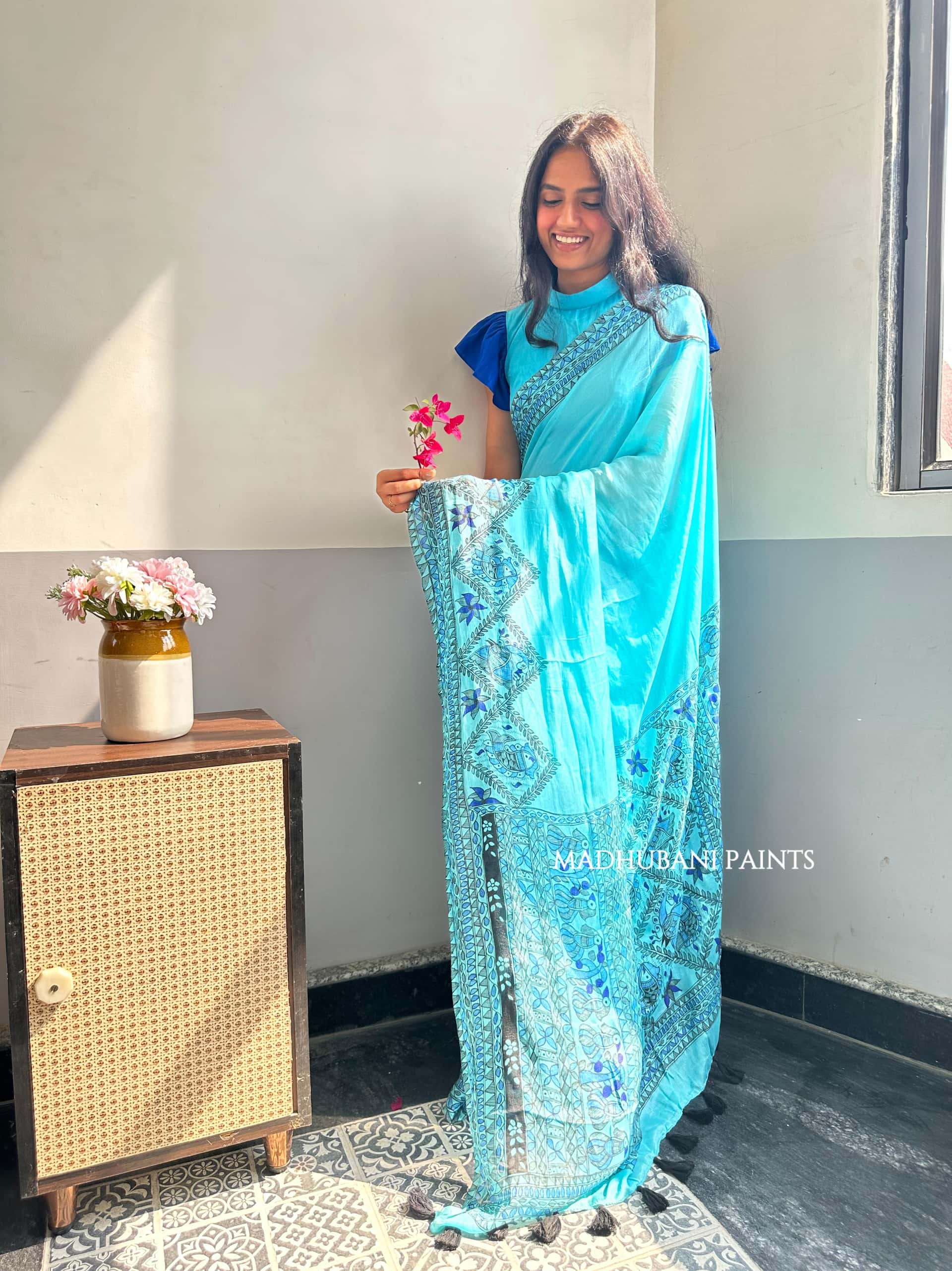 NEELAMBARI Hand-painted Madhubani Chiffon Saree — image 3 of 7