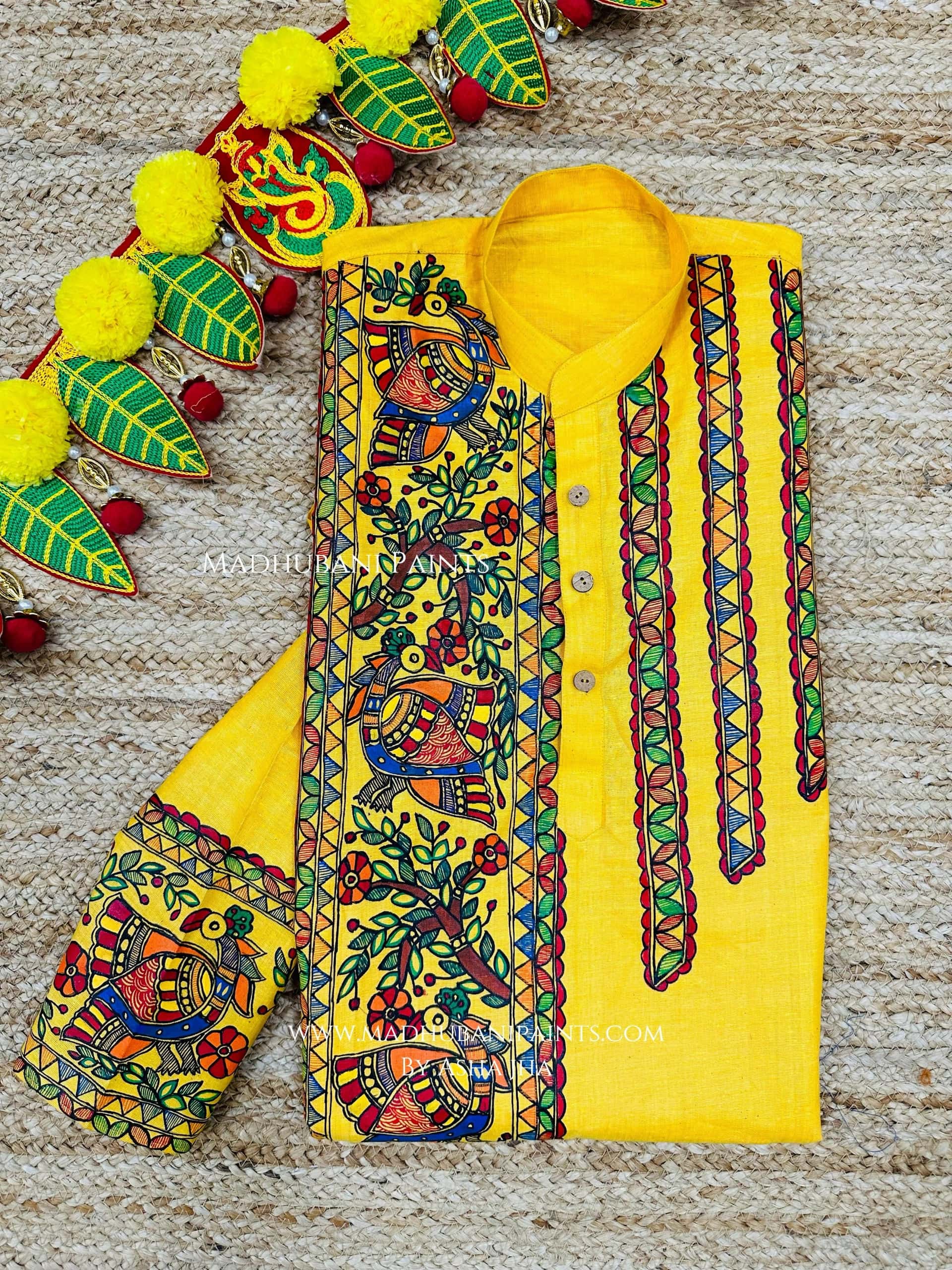 Yellow Mayuri Hand-painted Handloom Men's Cotton Kurta — image 4 of 5