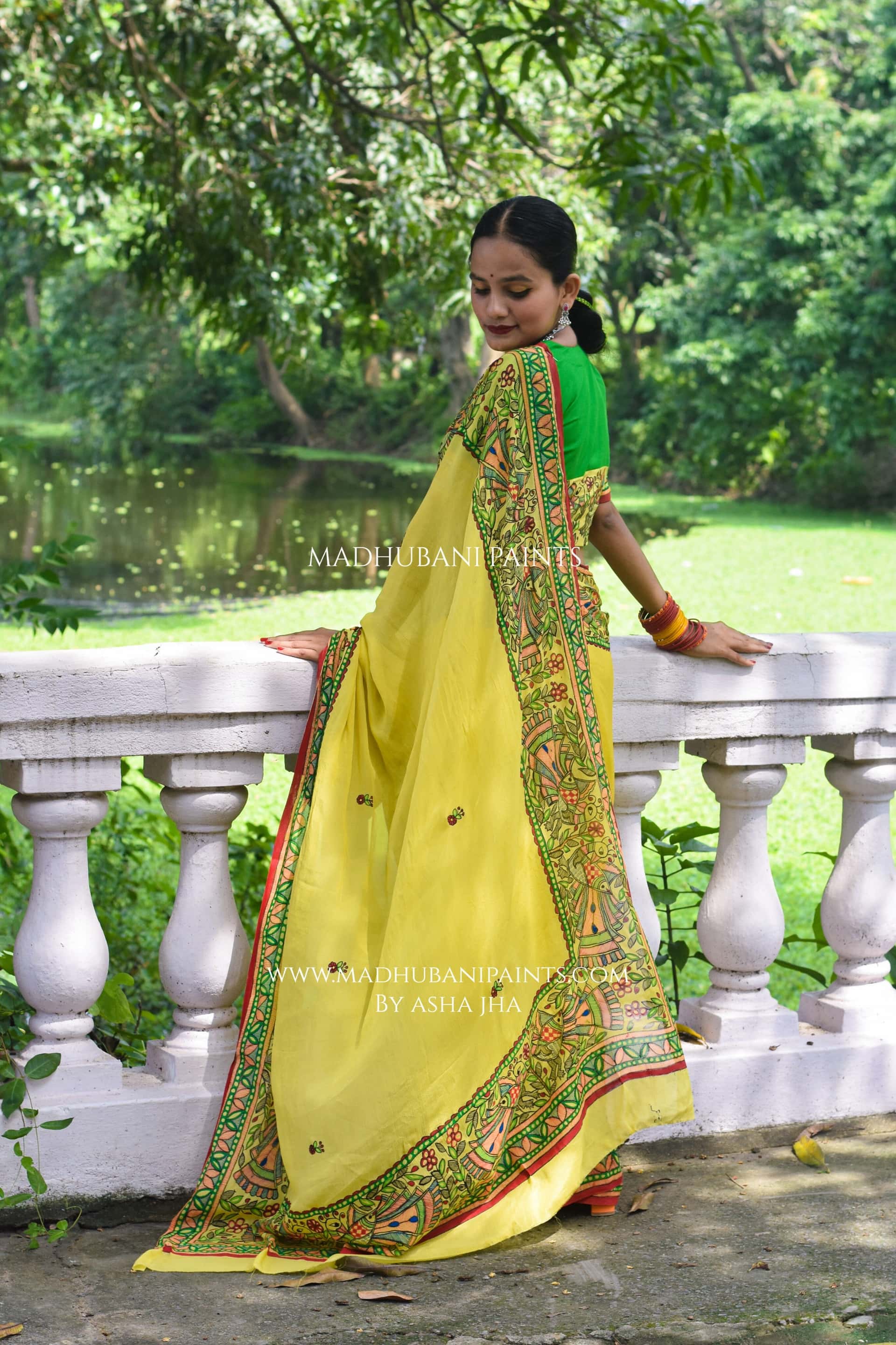 Pyaari Morni Hand-painted Madhubani Chiffon Saree Blouse Set — image 2 of 8