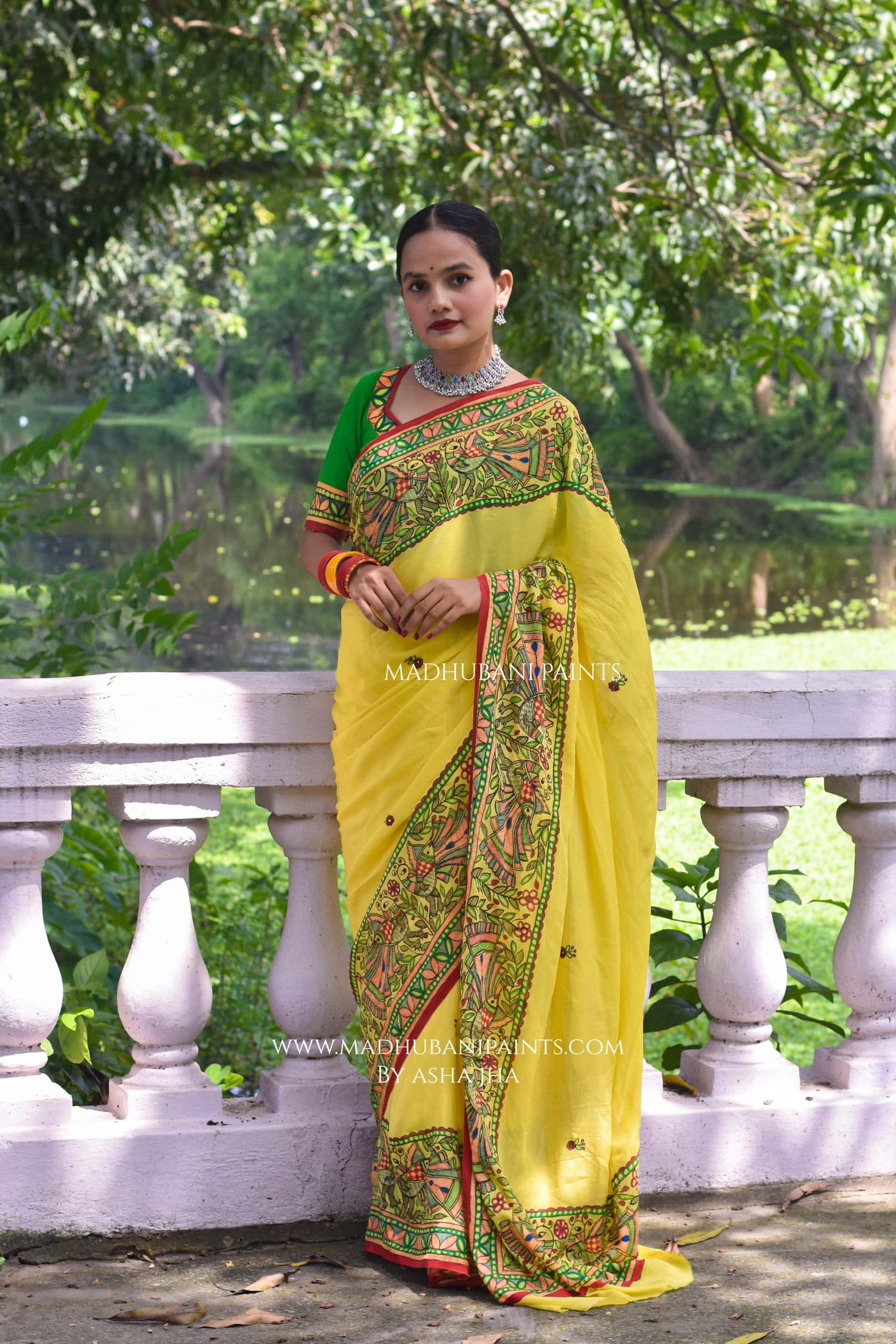 Pyaari Morni Hand-painted Madhubani Chiffon Saree Blouse Set — image 3 of 8