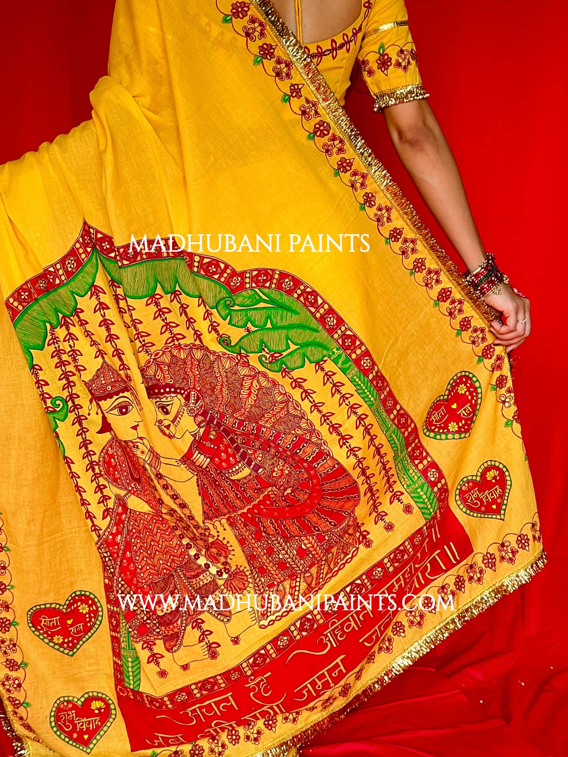Swayambar Bihari Bridal Hand-painted Madhubani Painting Cotton Saree Blouse Set — image 4 of 12