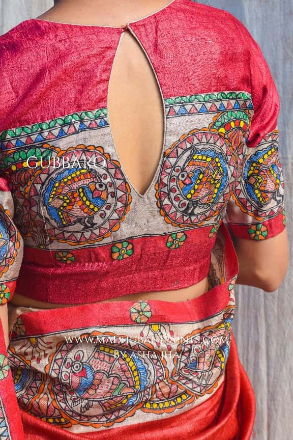 'MITHILA MAYURI' Handpainted Madhubani Tussar Silk Saree Blouse Set — image 8 of 10