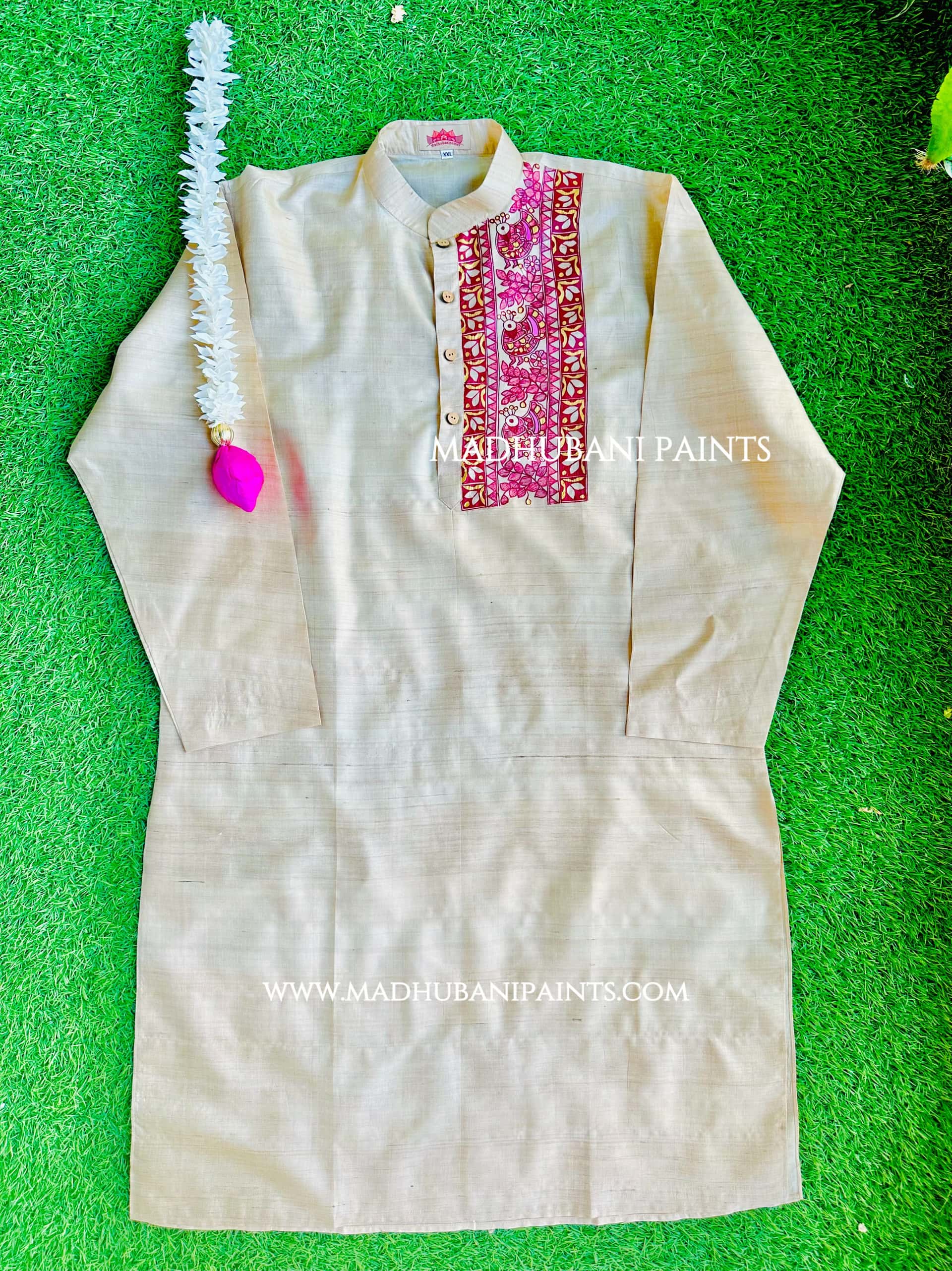 Maroon Golden Mithila Border Hand-painted Handloom Men's Tussar Silk Kurta — image 2 of 4