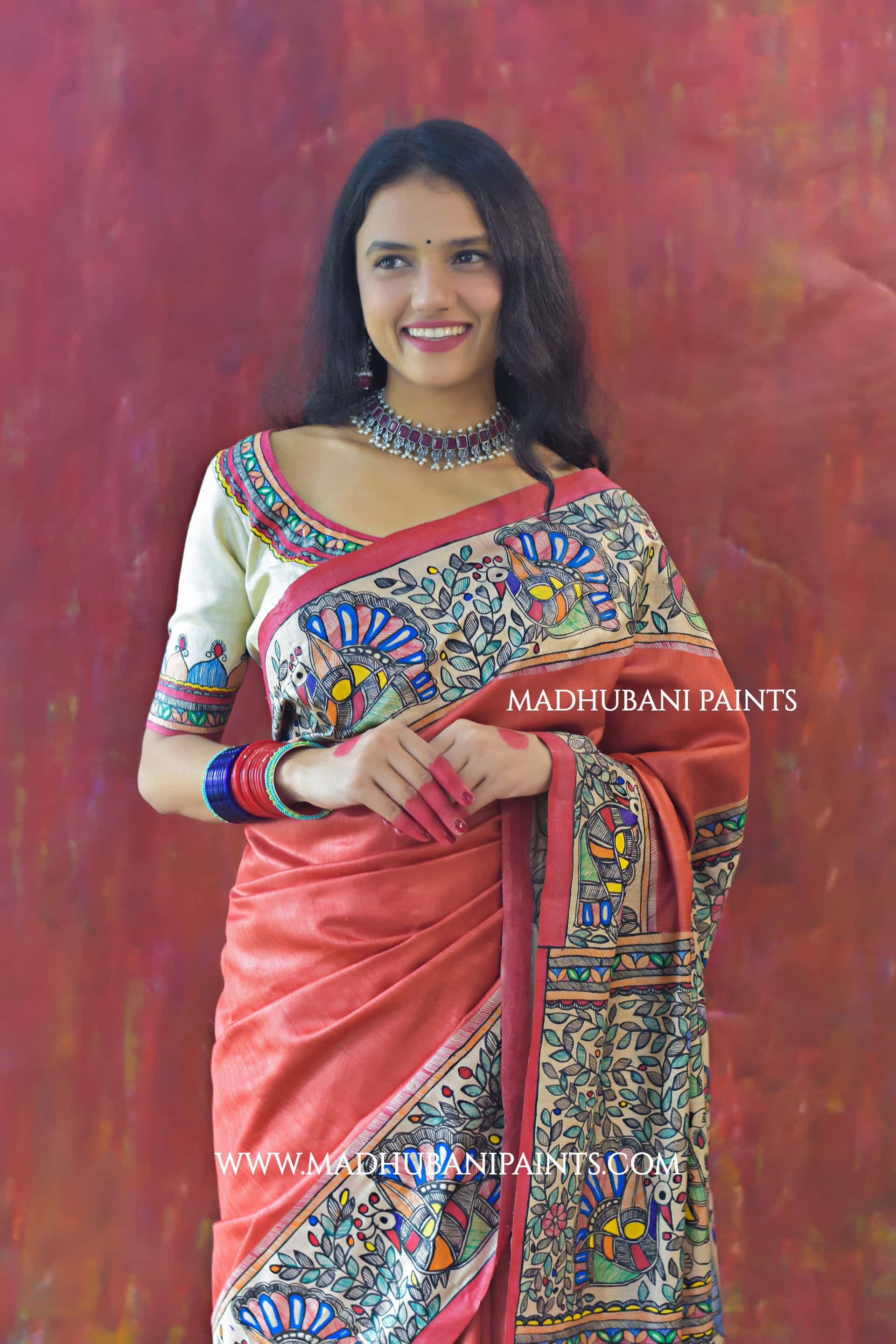 "Laal Ramayan" Hand-painted Madhubani Tussar Silk Saree — image 6 of 6