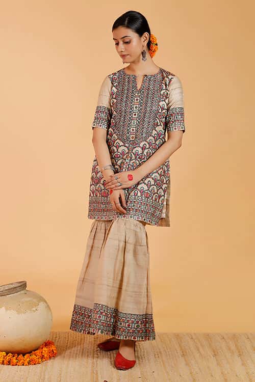 'Prakriti' Handpainted Madhubani Tussar Silk Sharara — image 6 of 9