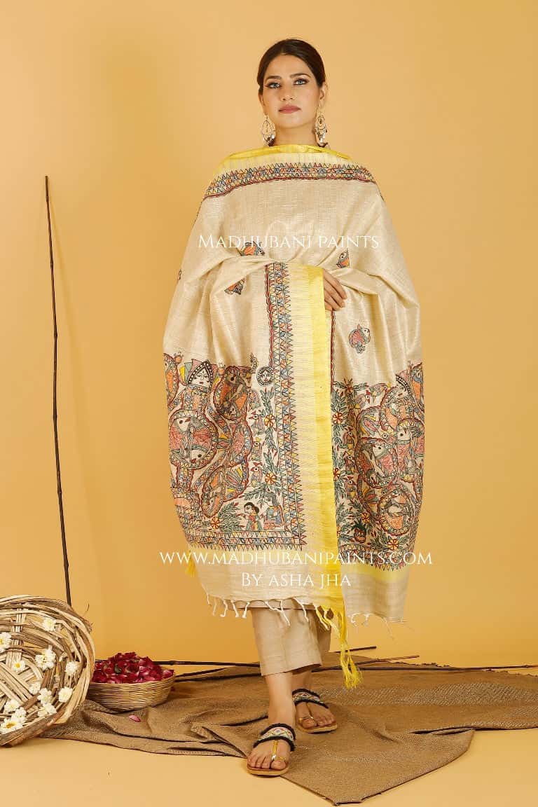 Mithila Kohbar Madhubani Handpainted Pure Handloom Cotton Dupatta — image 2 of 3