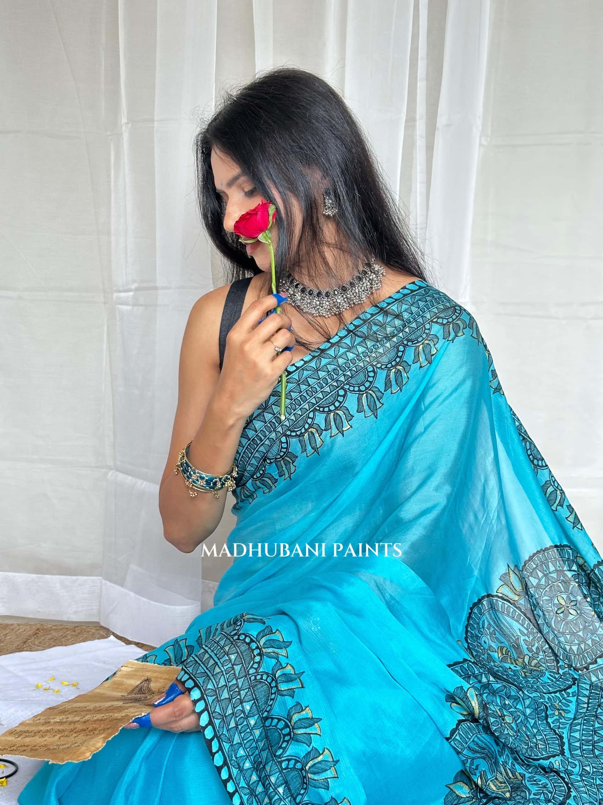 Aasmani Doli Hand-painted Madhubani Chiffon Saree — image 4 of 11