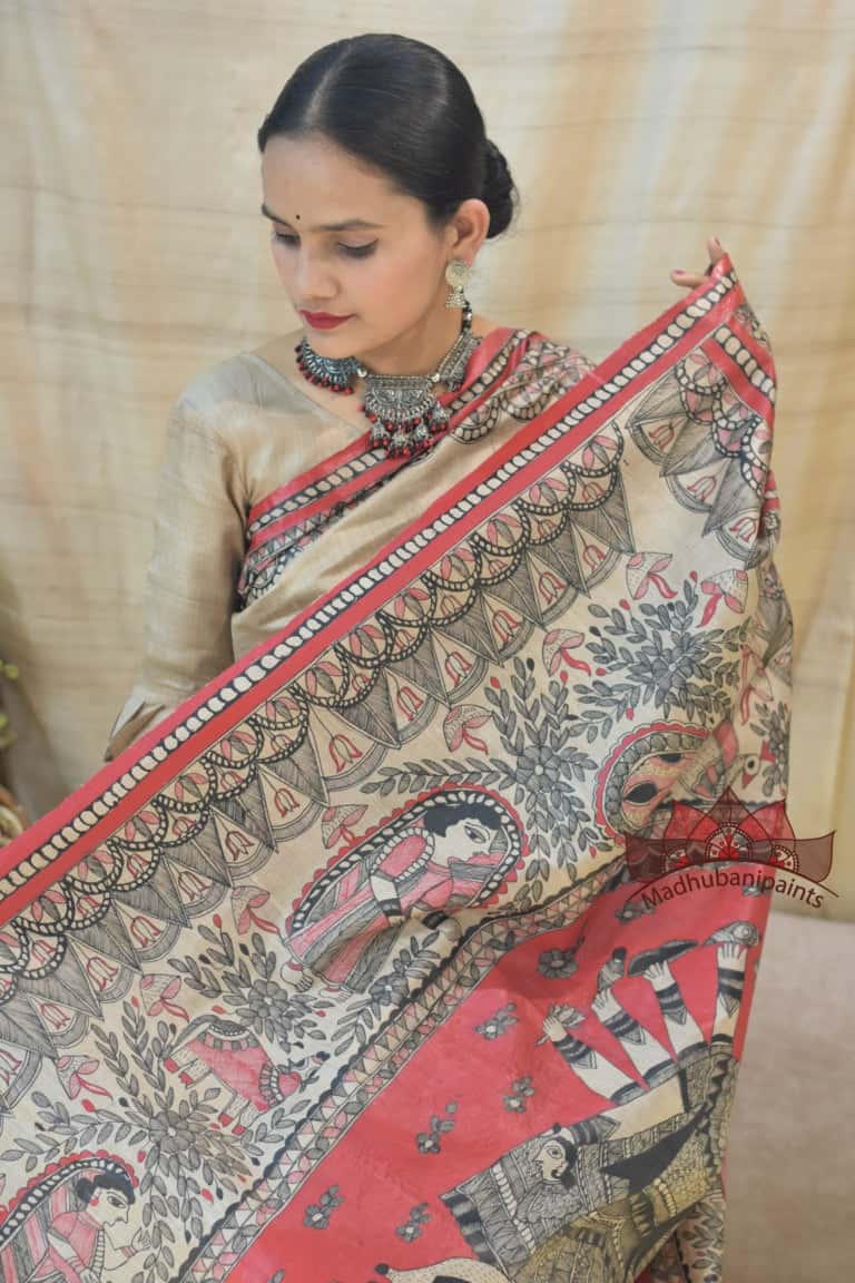 Maa Durga Red Black Hadpainted Tussar Saree — image 6 of 6