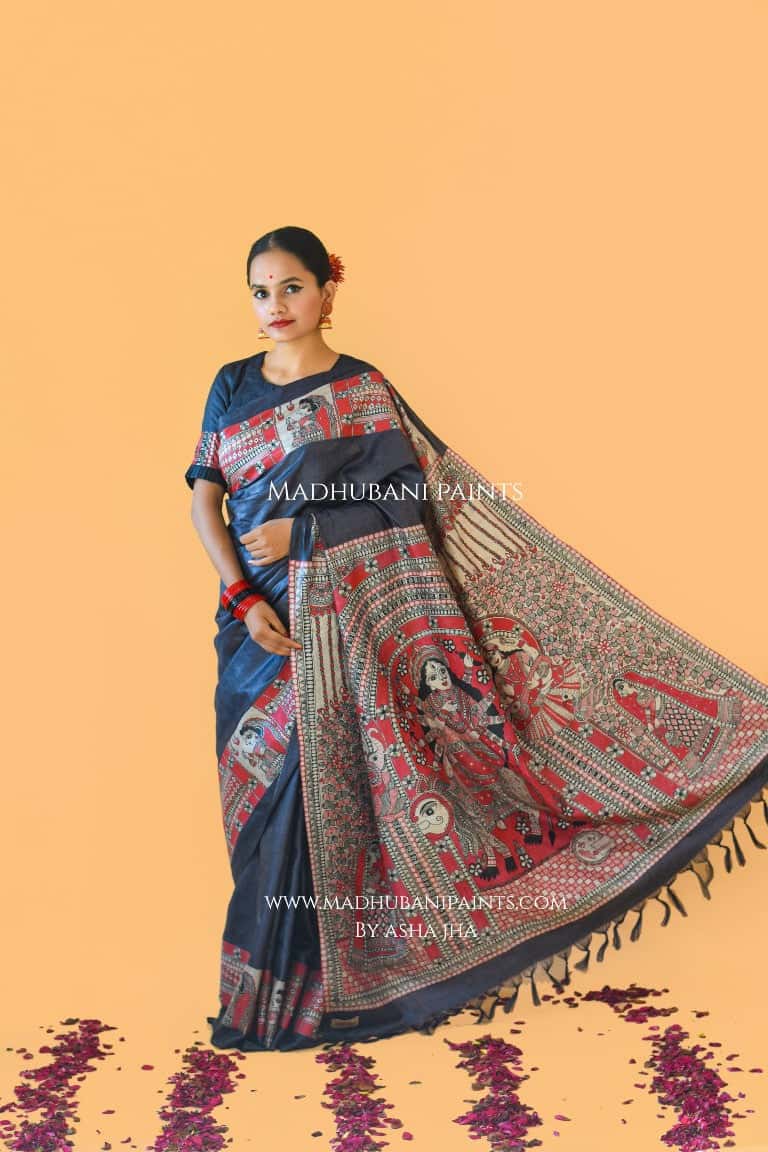 'NARAYANI' Handpainted Madhubani Tussar Silk Saree  Blouse Set — image 8 of 11