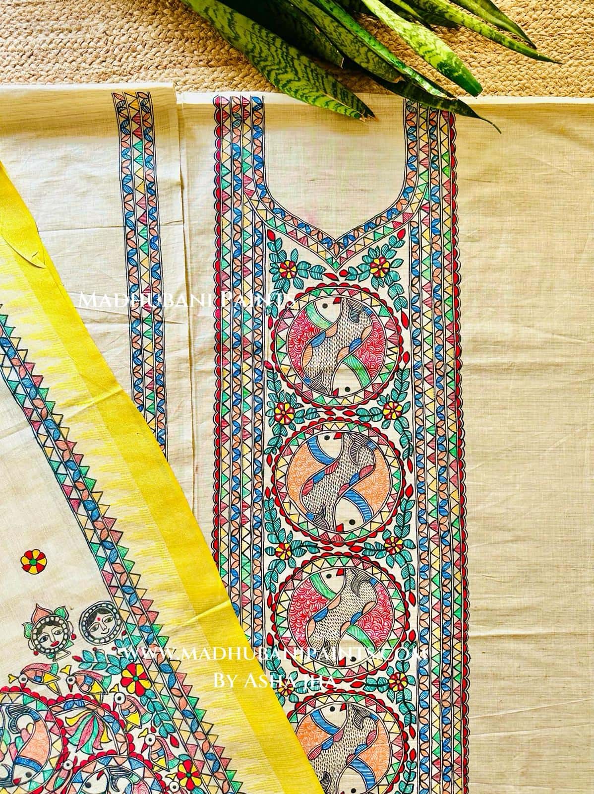 Kohbar Matsya Leela Hand-painted Madhubani Painting Cotton Unstitched Kurta Pant Dupatta Set — image 2 of 3