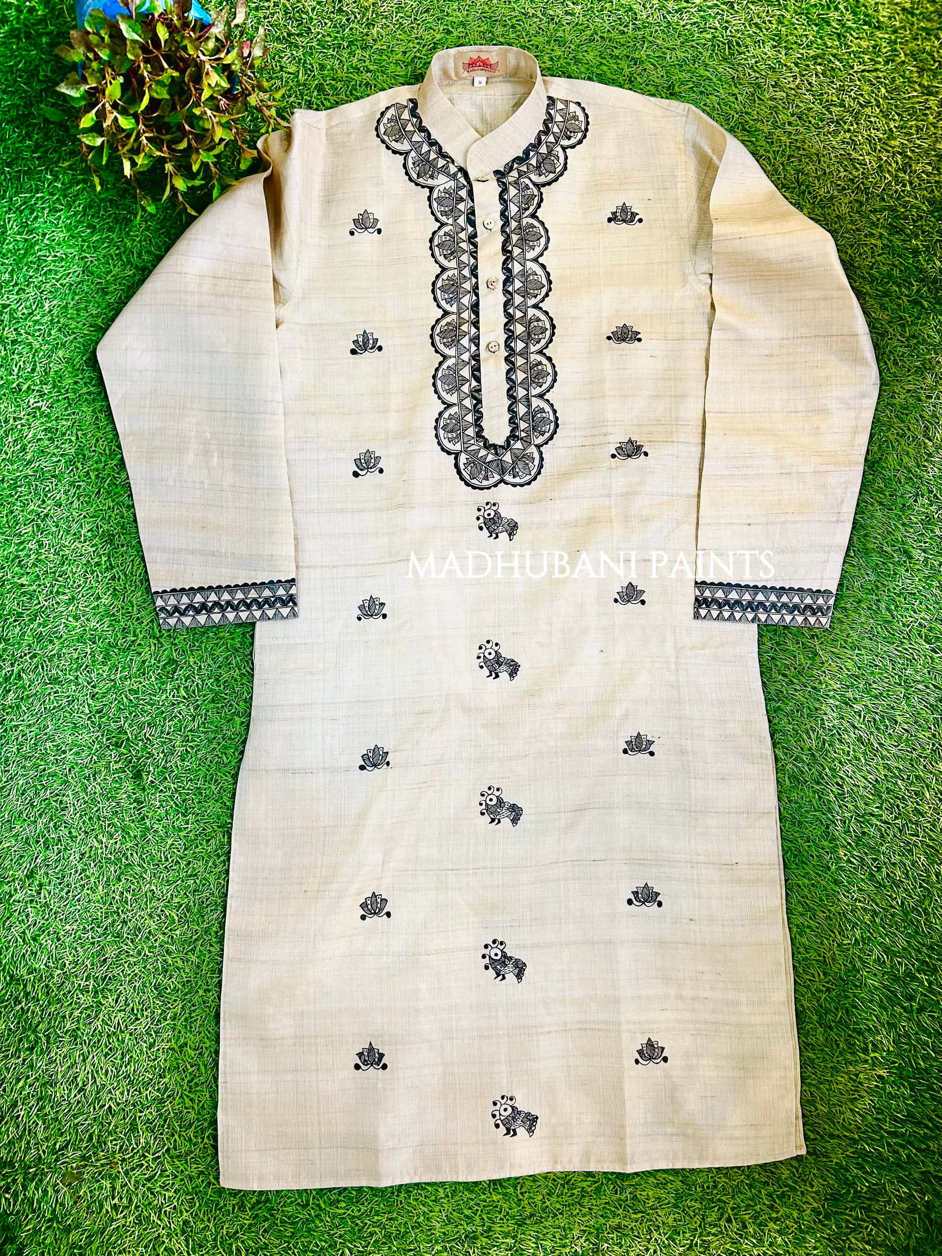 PANKHI Hand-painted Madhubani Men's Tussar Silk Kurta — image 4 of 5