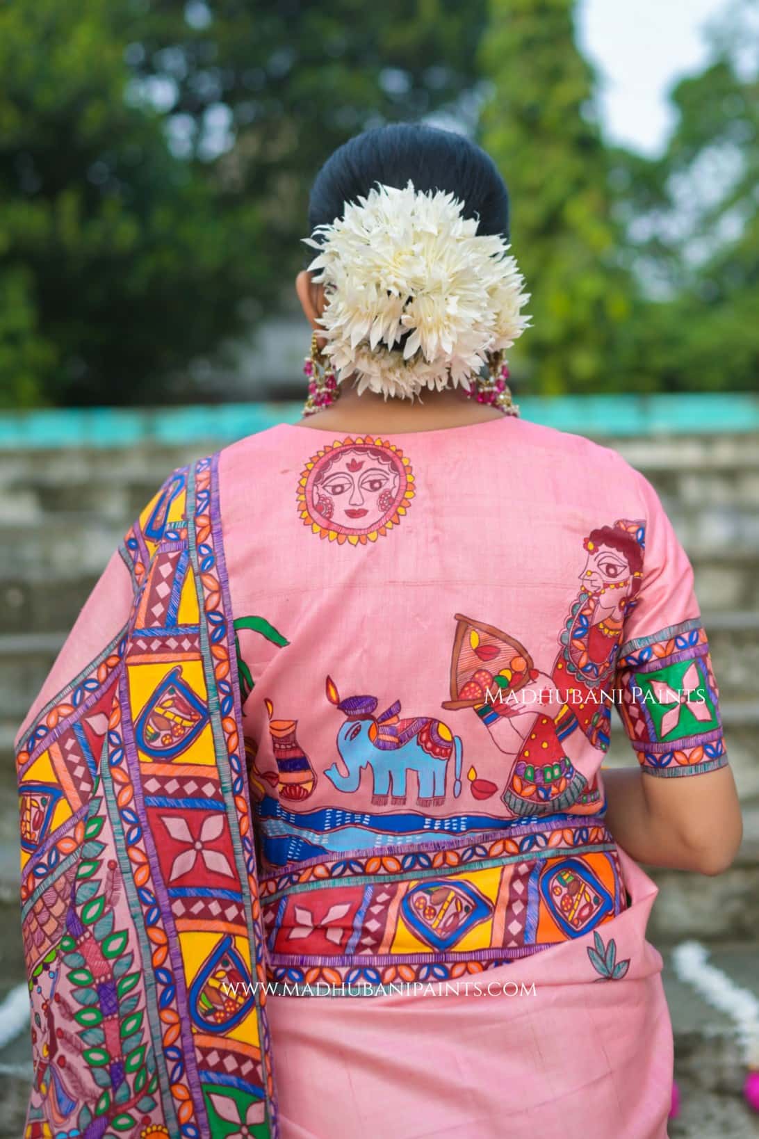 VRATI VANDANA Chhath Puja Handpainted Madhubani Tussar Silk Saree Blouse Set — image 11 of 12