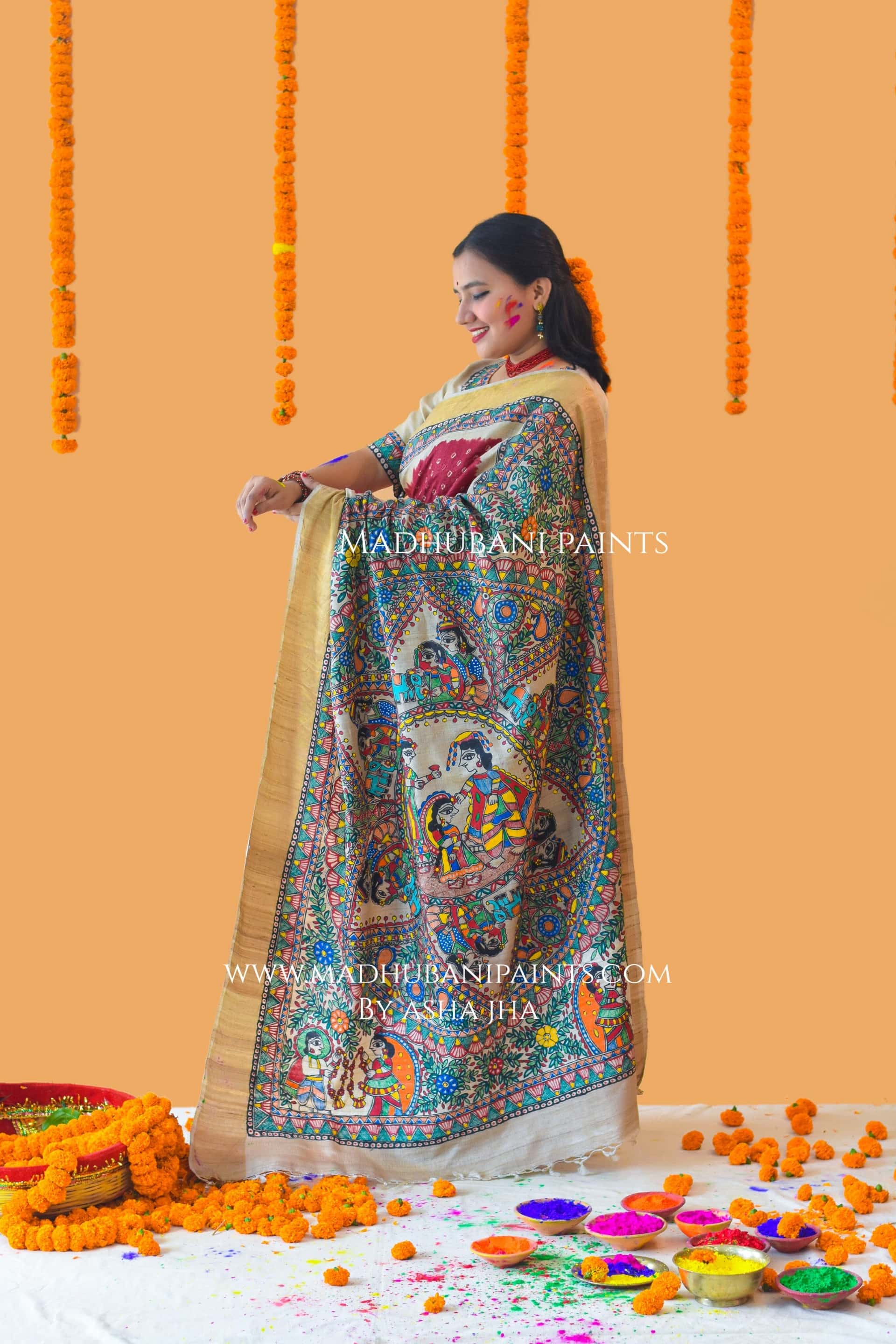 GAURI PUJA Hand-painted Madhubani Bandhini Tussar Silk Saree — image 2 of 7
