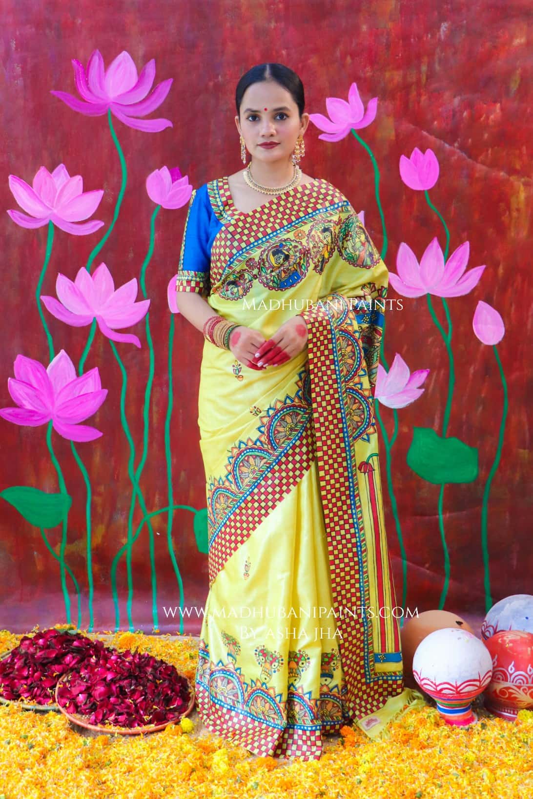 "KAMAKSHI" Handpainted Madhubani Tussar Silk saree blouse set — image 7 of 12