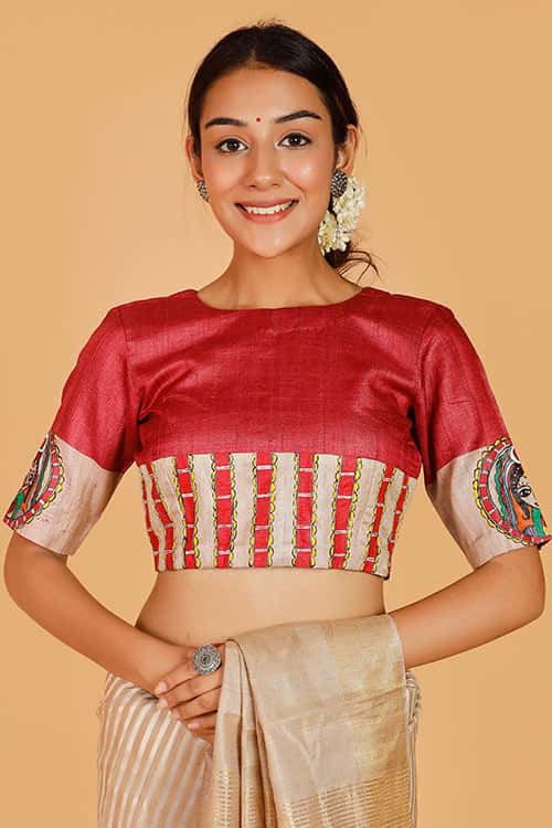 'Bengali Sindoordaan' Handpainted Madhubani Tussar Silk Blouse — image 3 of 8