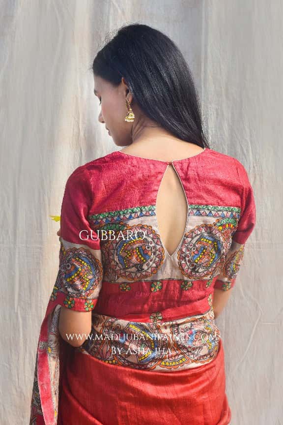 'MITHILA MAYURI' Handpainted Madhubani Tussar Silk Saree Blouse Set — image 7 of 10