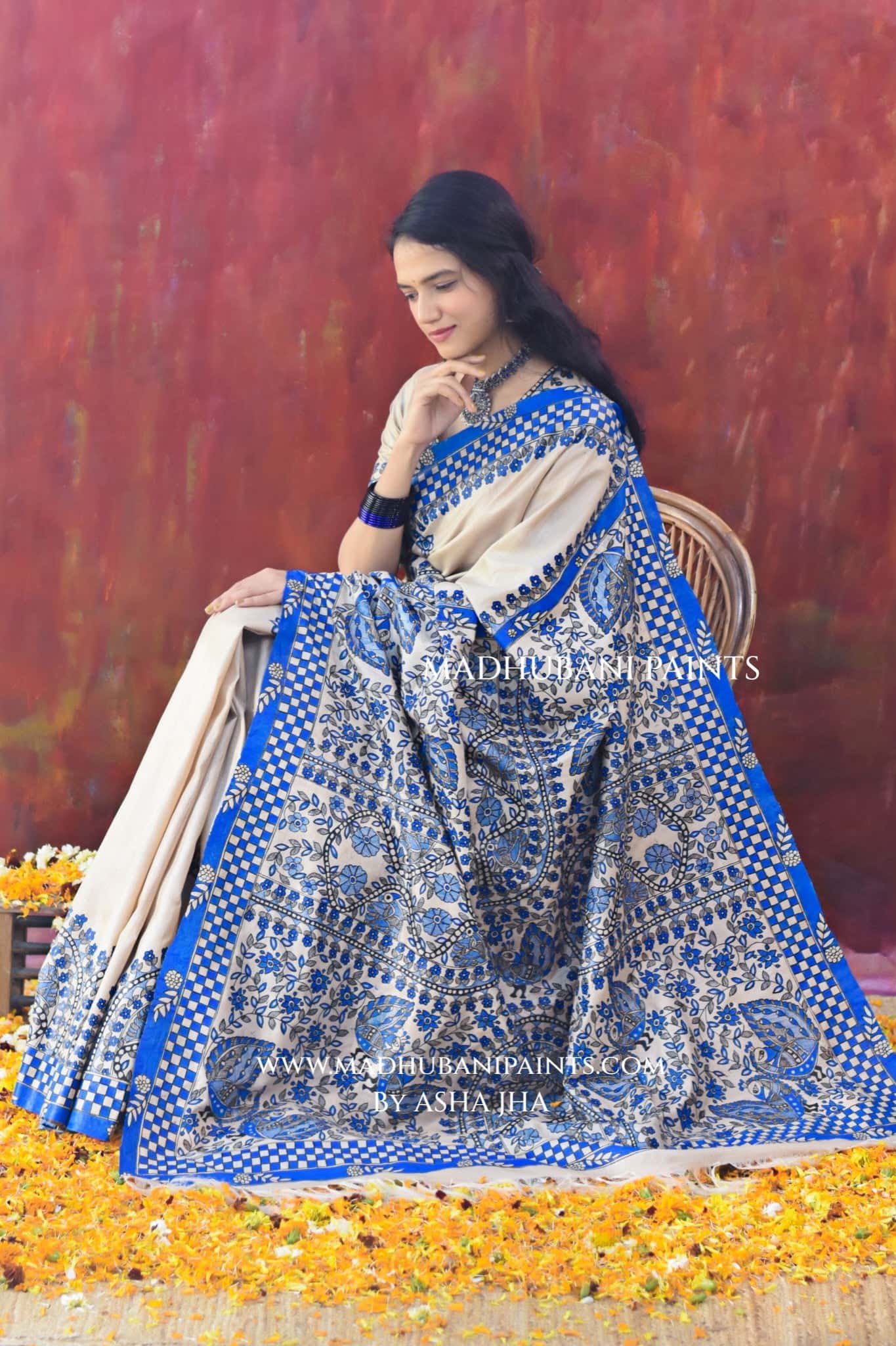 'NEELAKANTH' Tussar Silk Hand-Painted Madhubani Saree — image 3 of 7