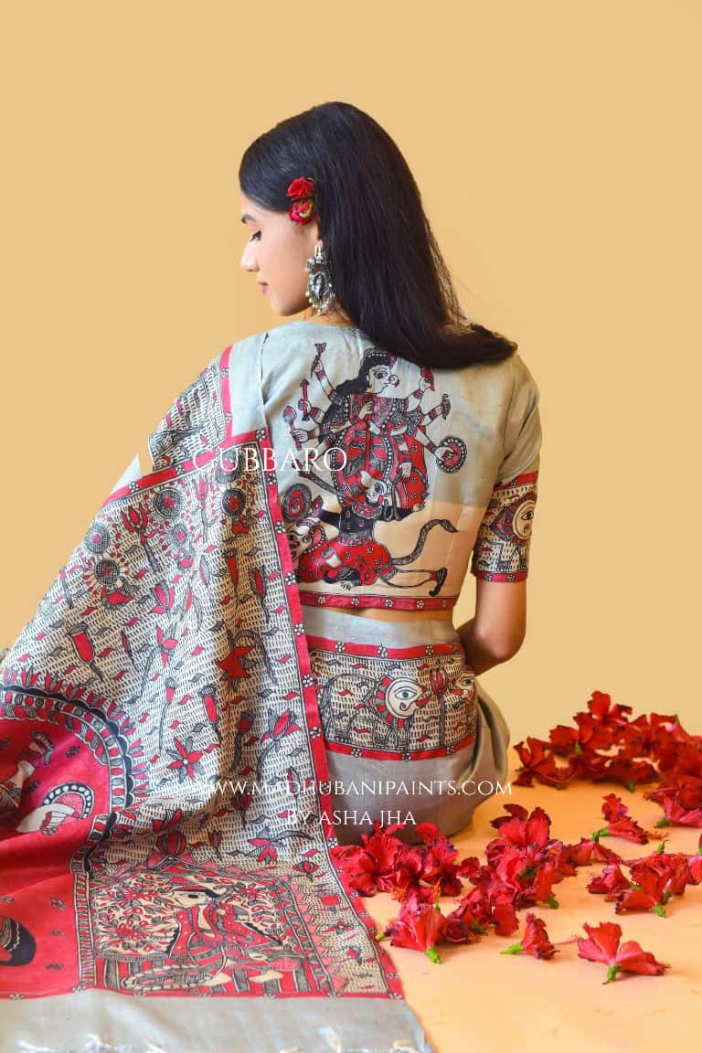 'RAJESHWARI' Handpainted Madhubani Tussar Silk Saree Blouse set — image 5 of 10