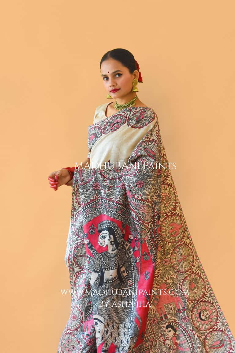 'SUNDARI' Handpainted Madhubani Tussar Silk Saree Blouse Set — image 6 of 11