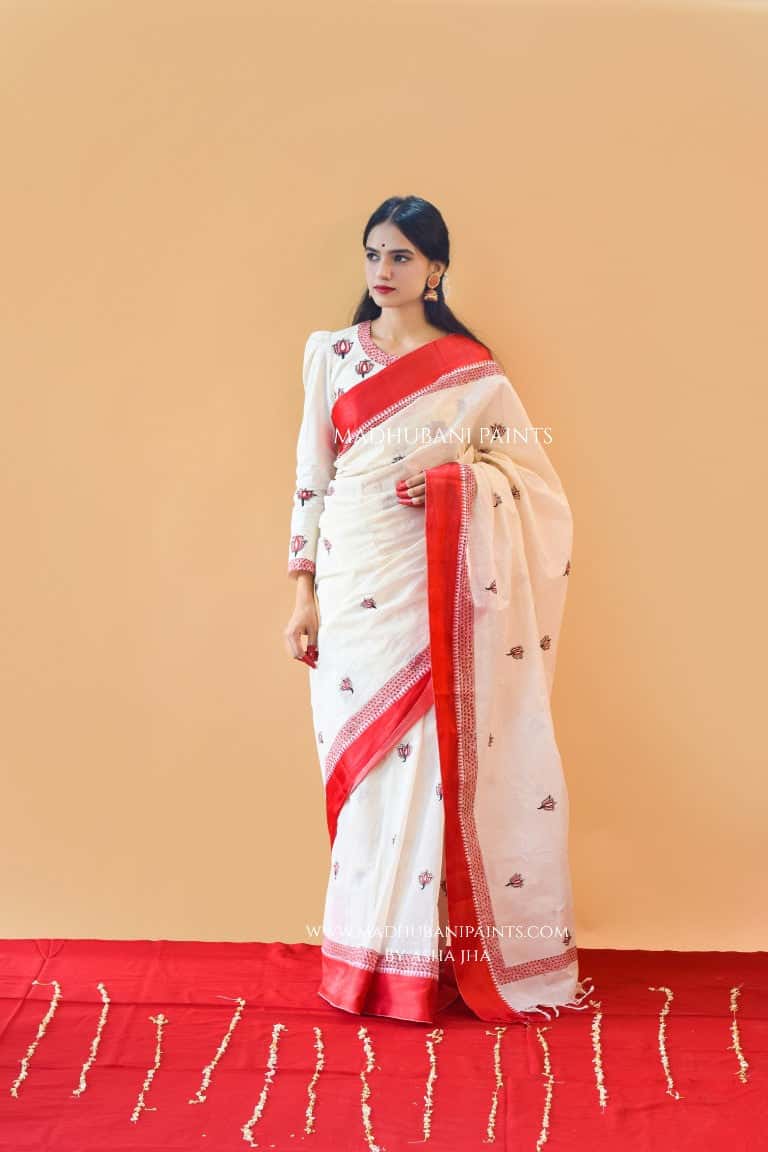 'SINDOORI' Handpainted Madhubani Cotton Saree — image 4 of 8