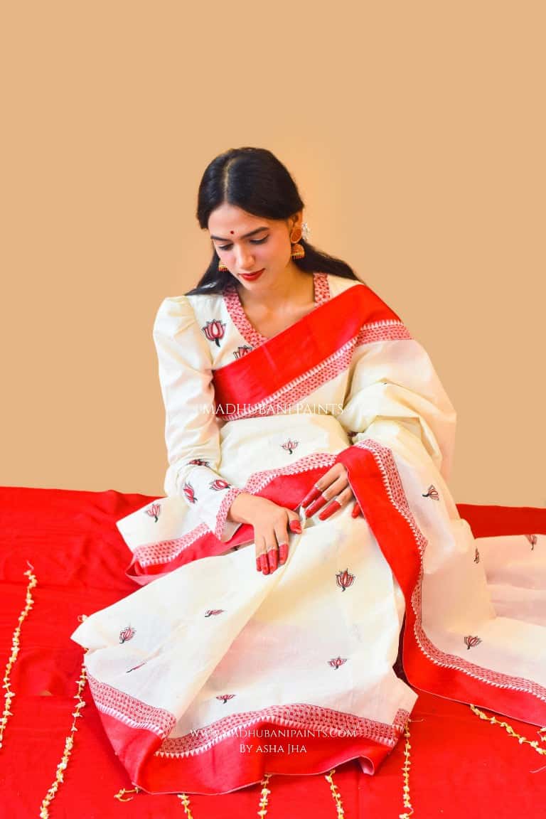 'SINDOORI' Handpainted Madhubani Cotton Saree — image 2 of 8