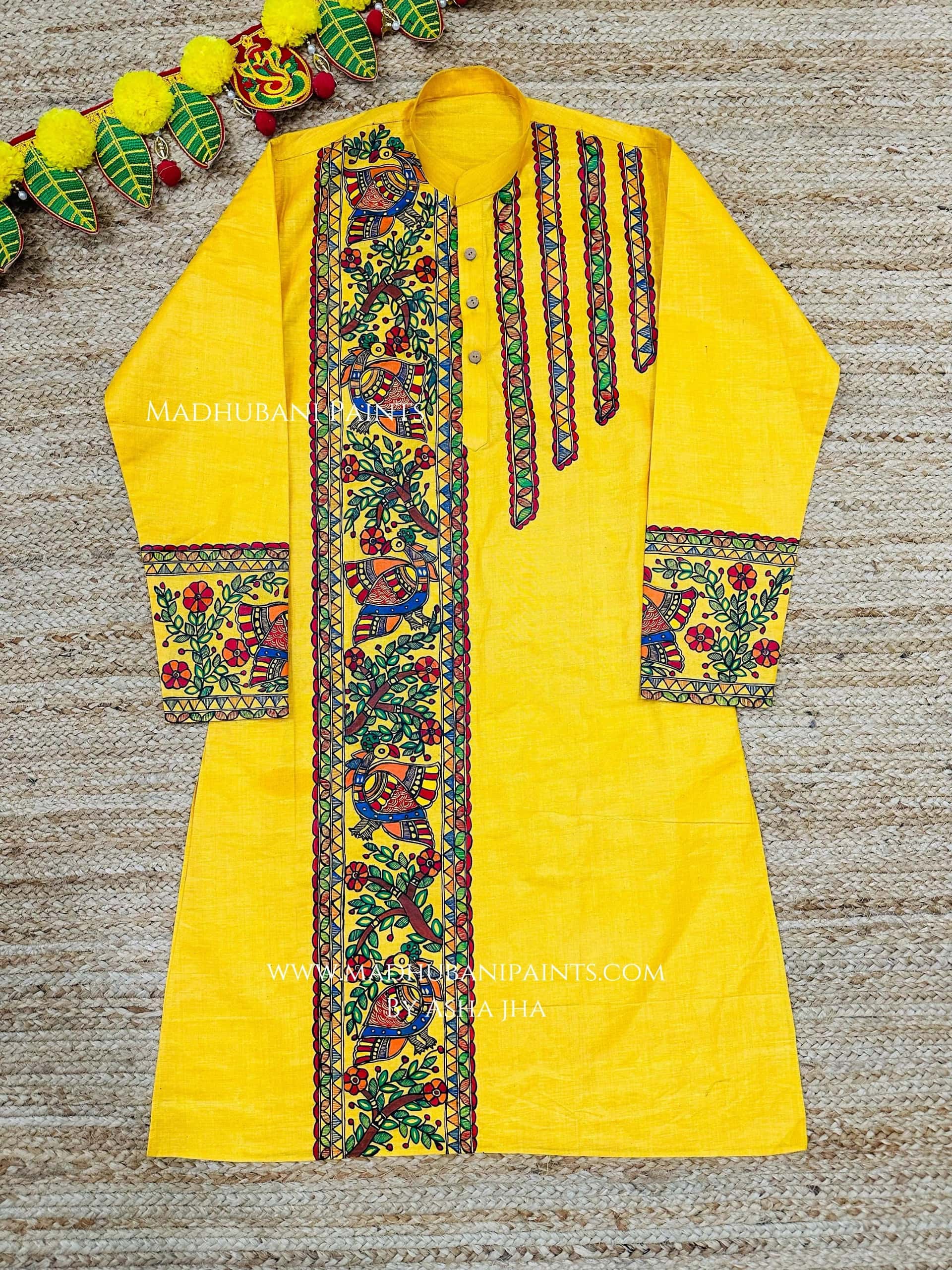 Yellow Mayuri Hand-painted Handloom Men's Cotton Kurta — image 2 of 5