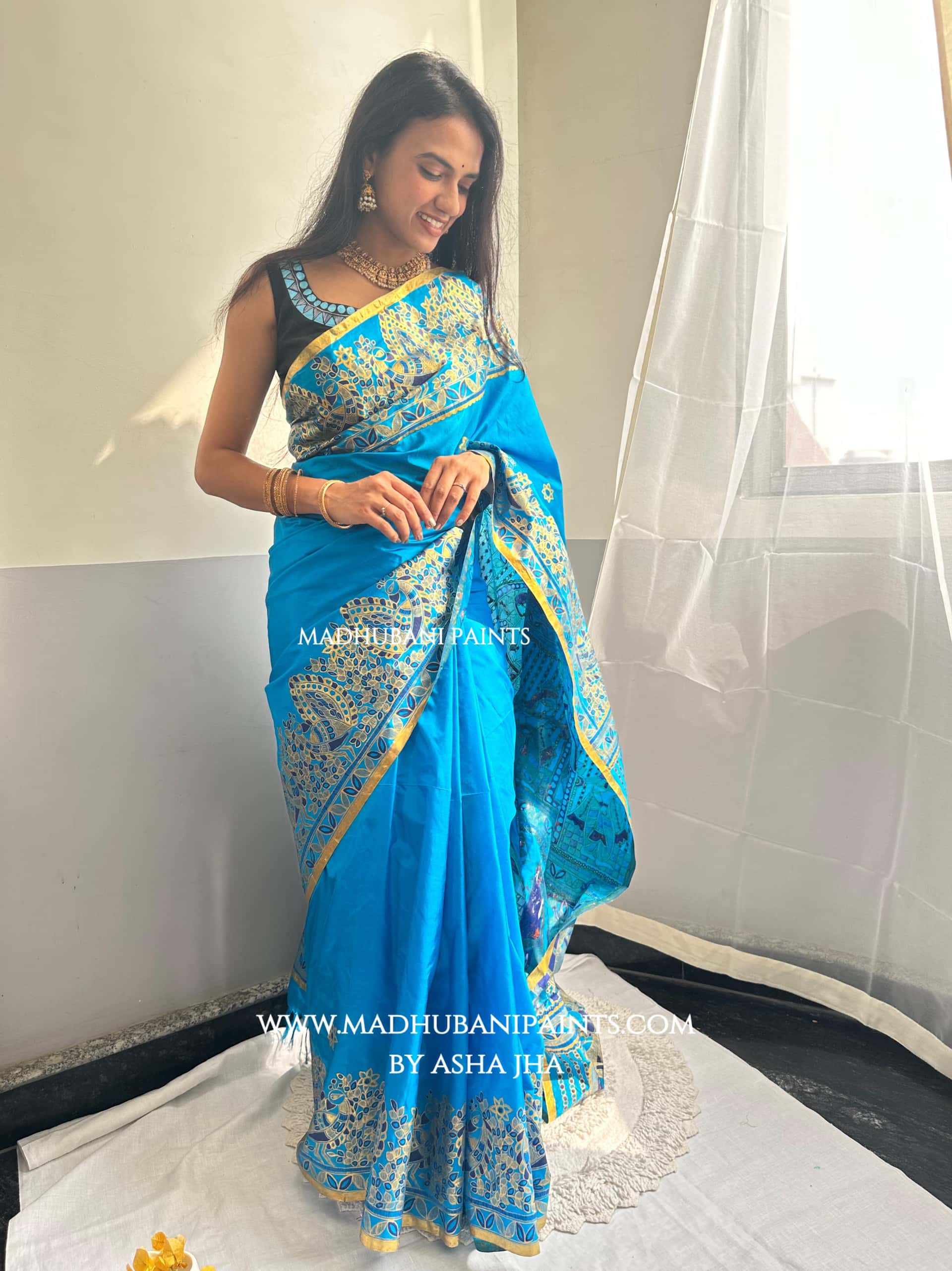AASMANI KANYADAAN Hand-painted Madhubani Kanjeevaram Silk Saree — image 3 of 12