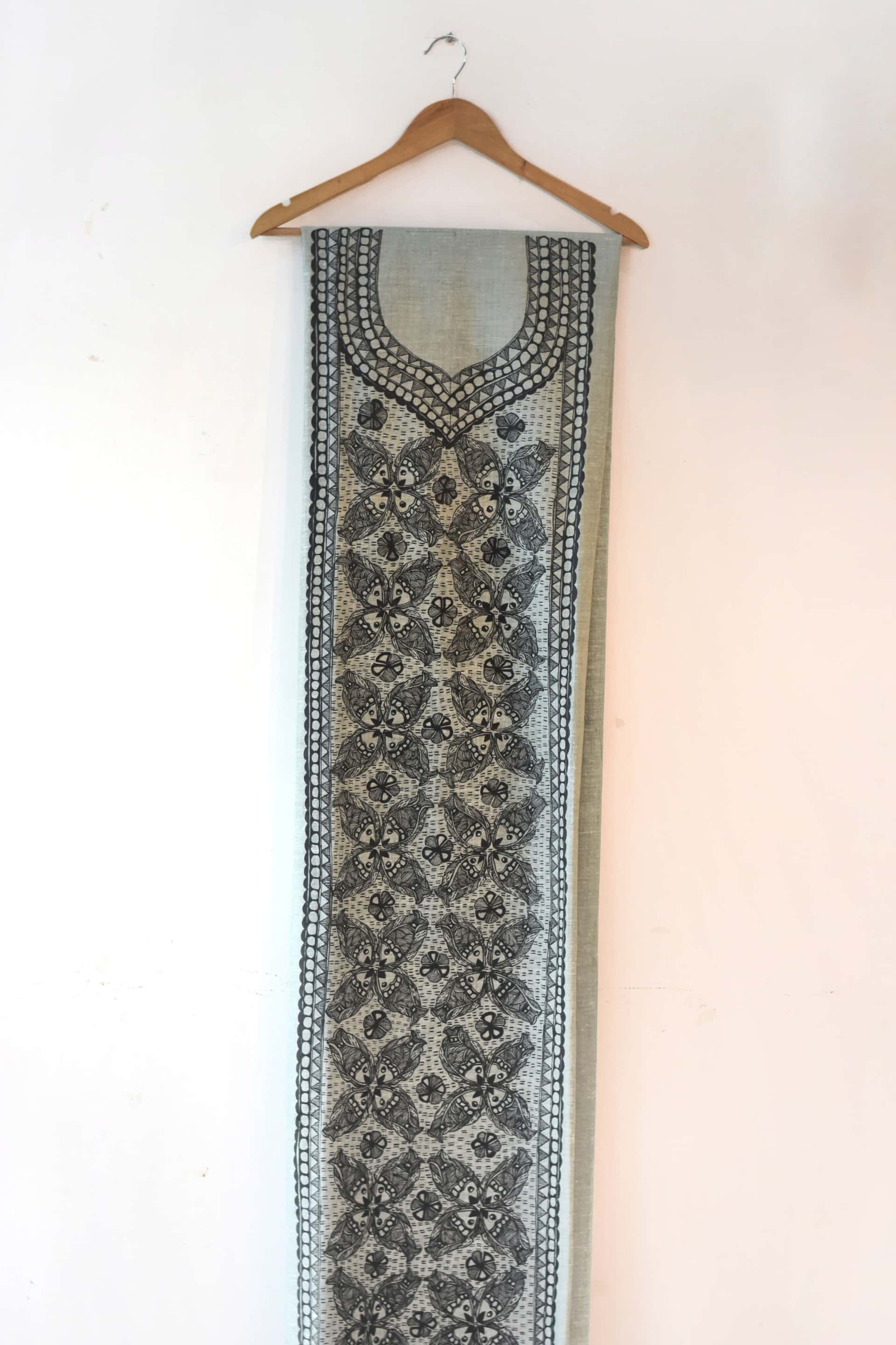 Black Fish Hand-painted Madhubani Painting Cotton Unstitched Kurta — image 2 of 2