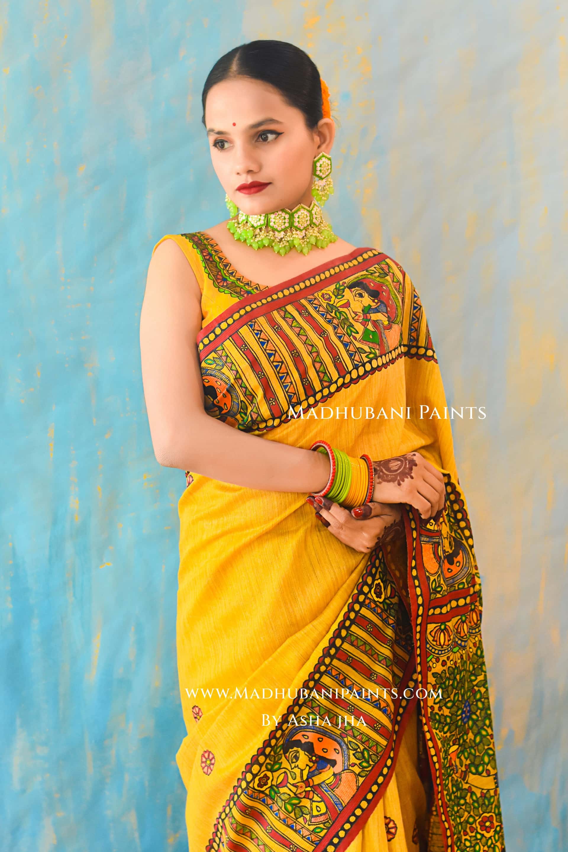 KAMESHWARI Madhubani Hand-painted Chanderi Silk Saree Blouse Set — image 9 of 11
