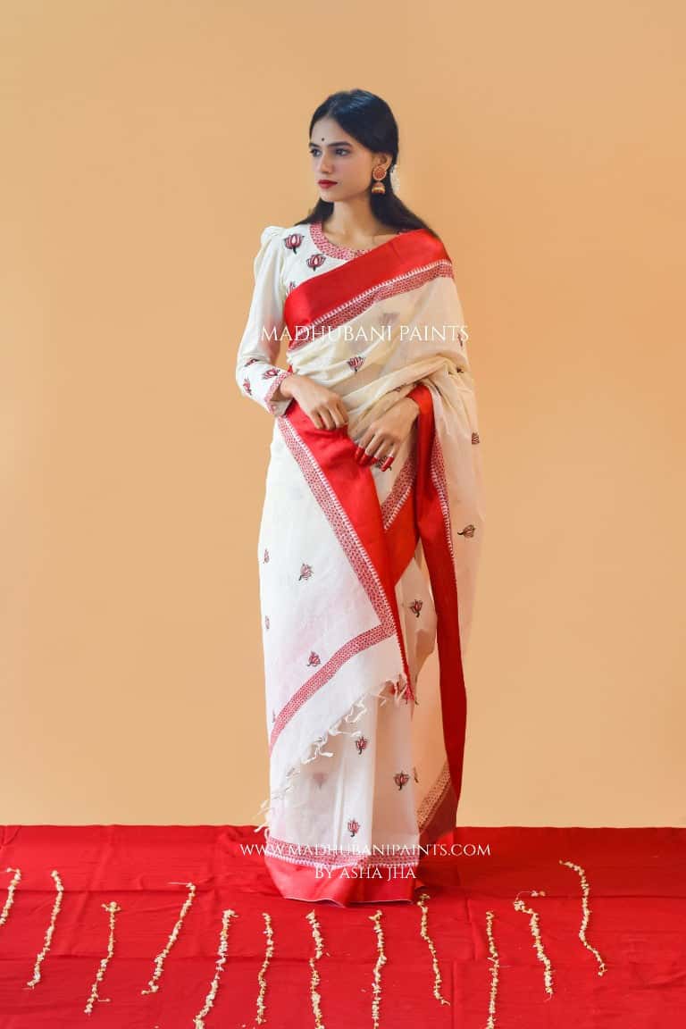 'SINDOORI' Handpainted Madhubani Cotton Saree — image 6 of 8